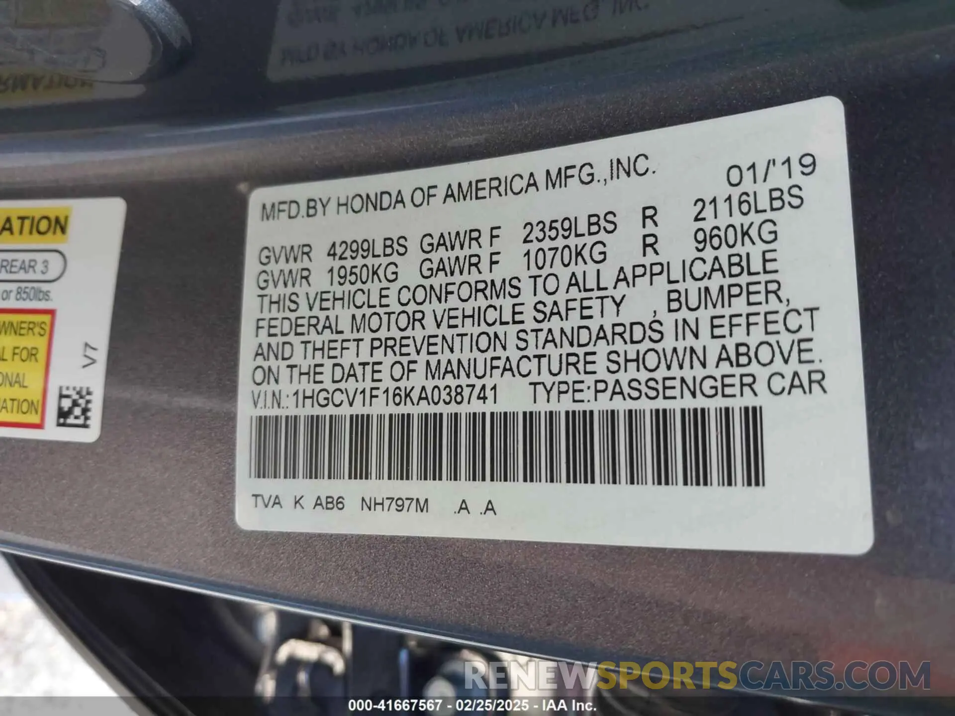 9 fotografías del automóvil dañado 1HGCV1F16KA038741 HONDA ACCORD 2019