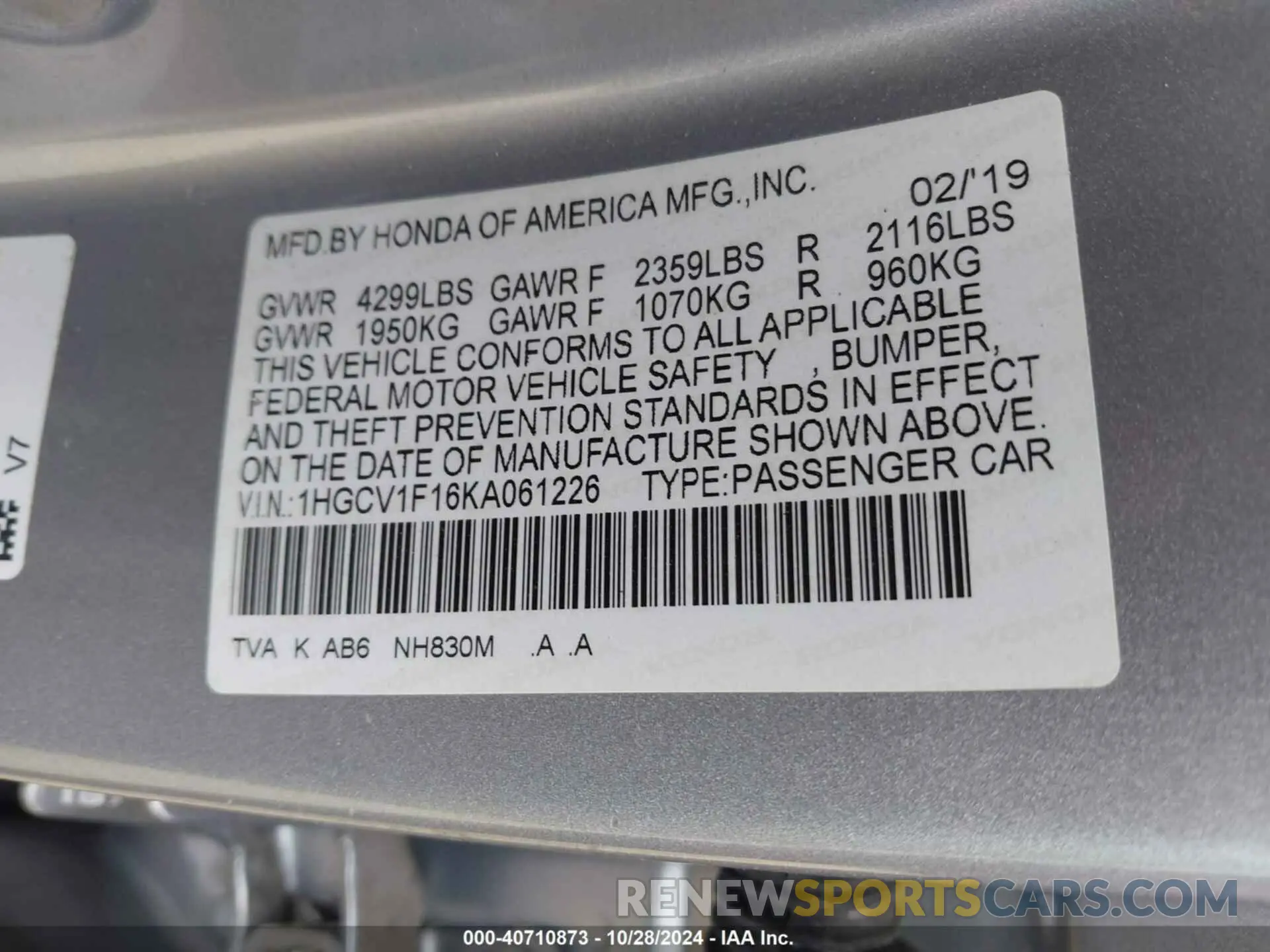 9 fotografías del automóvil dañado 1HGCV1F16KA061226 HONDA ACCORD 2019