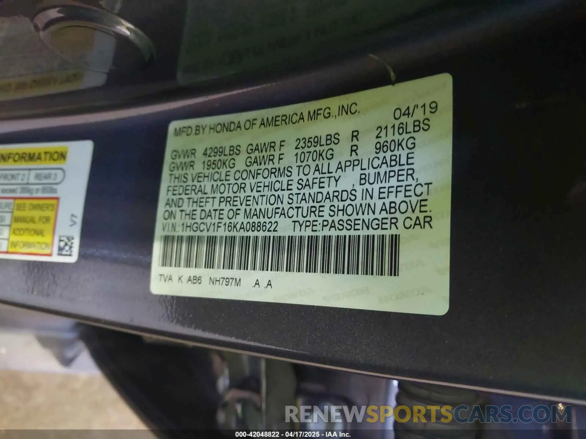 9 fotografías del automóvil dañado 1HGCV1F16KA088622 HONDA ACCORD 2019
