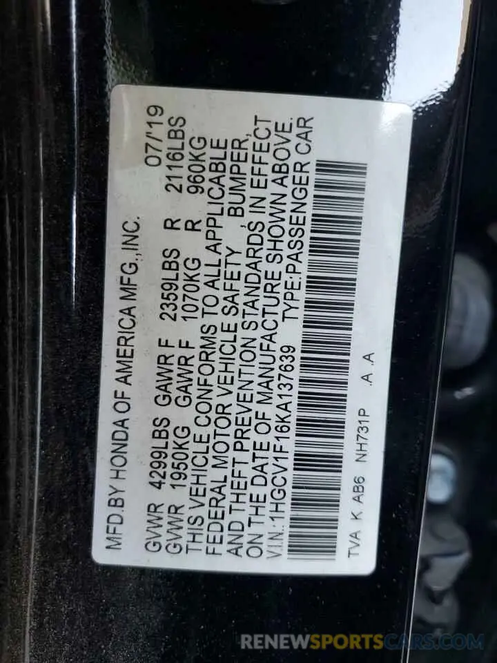 12 fotografías del automóvil dañado 1HGCV1F16KA137639 HONDA ACCORD 2019