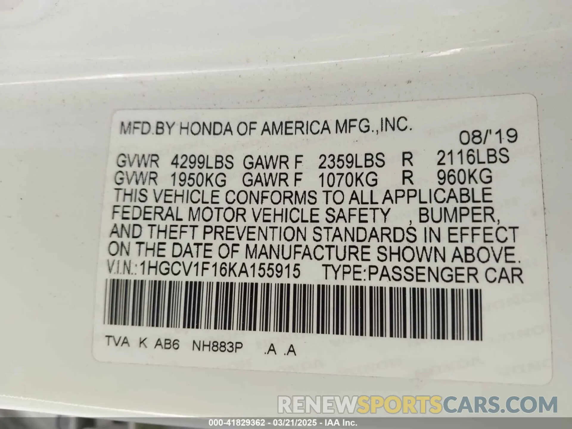 9 fotografías del automóvil dañado 1HGCV1F16KA155915 HONDA ACCORD 2019