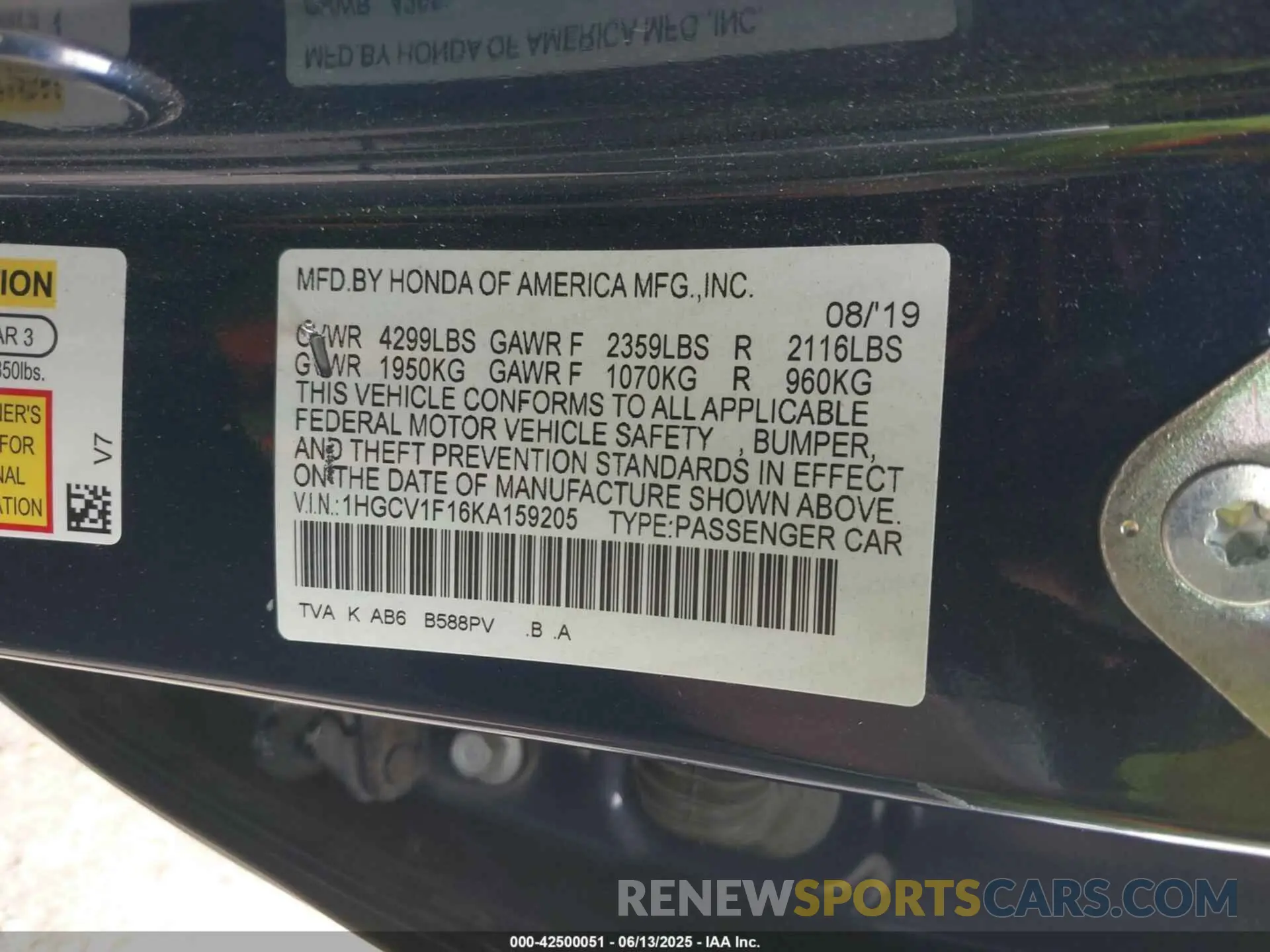 9 fotografías del automóvil dañado 1HGCV1F16KA159205 HONDA ACCORD 2019
