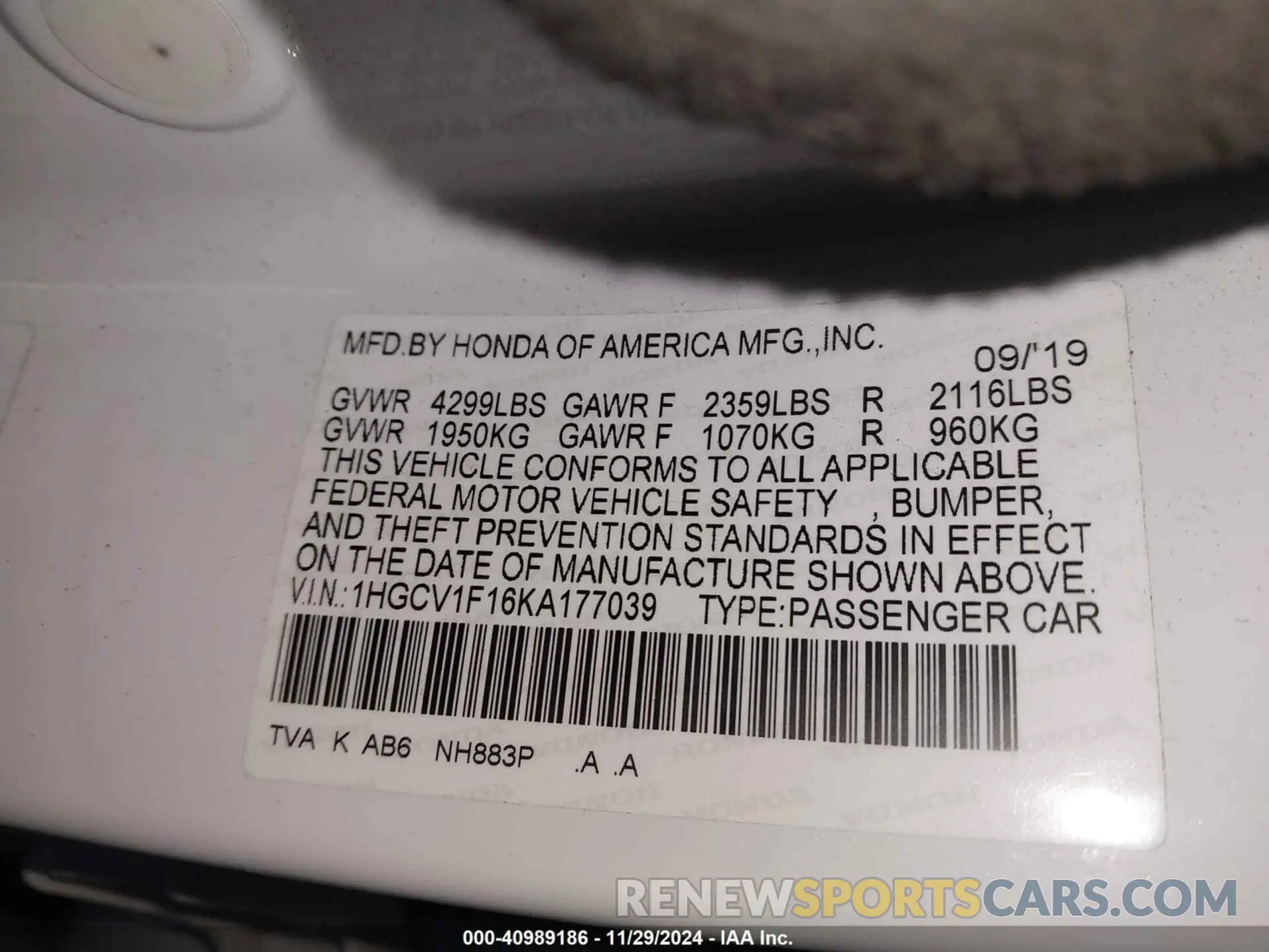 9 fotografías del automóvil dañado 1HGCV1F16KA177039 HONDA ACCORD 2019