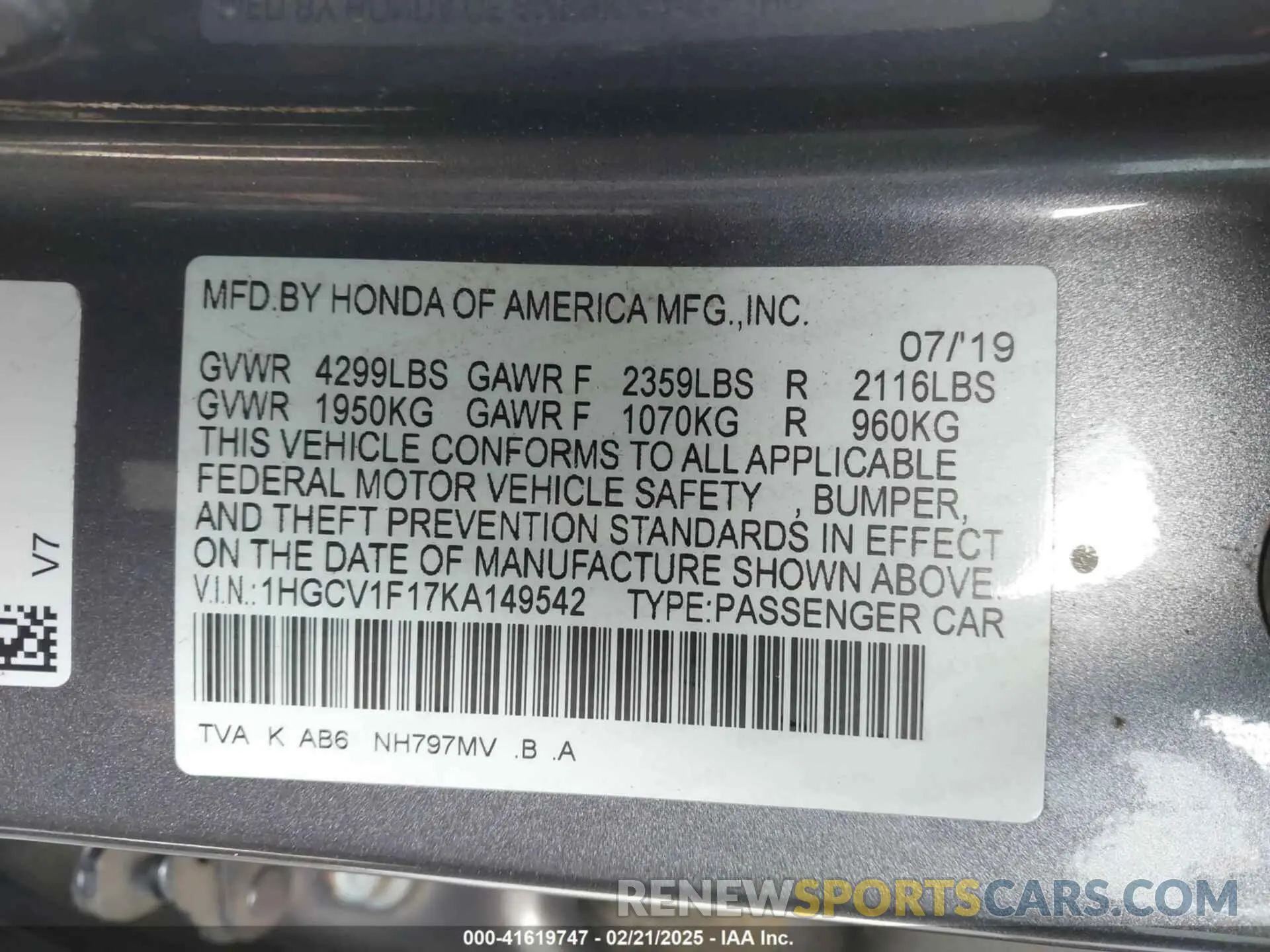 9 fotografías del automóvil dañado 1HGCV1F17KA149542 HONDA ACCORD 2019