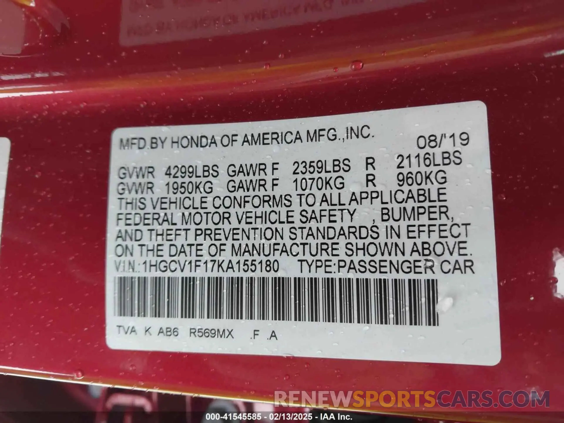9 fotografías del automóvil dañado 1HGCV1F17KA155180 HONDA ACCORD 2019