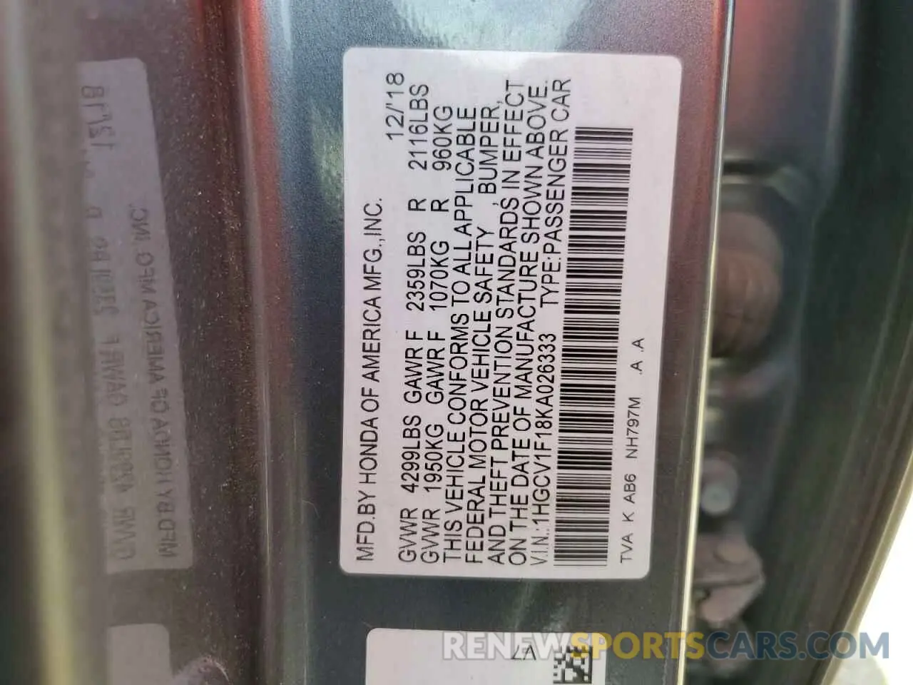 12 fotografías del automóvil dañado 1HGCV1F18KA026333 HONDA ACCORD 2019