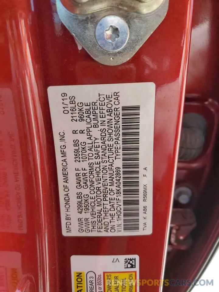 14 fotografías del automóvil dañado 1HGCV1F18KA042869 HONDA ACCORD 2019
