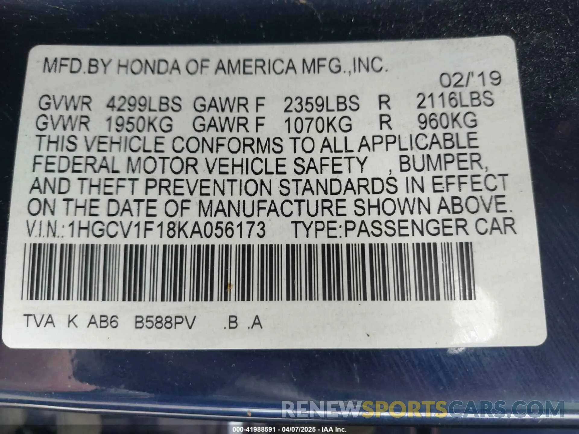 9 fotografías del automóvil dañado 1HGCV1F18KA056173 HONDA ACCORD 2019