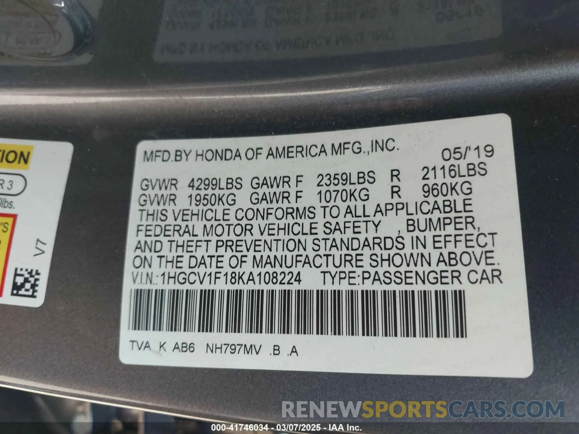 9 fotografías del automóvil dañado 1HGCV1F18KA108224 HONDA ACCORD 2019