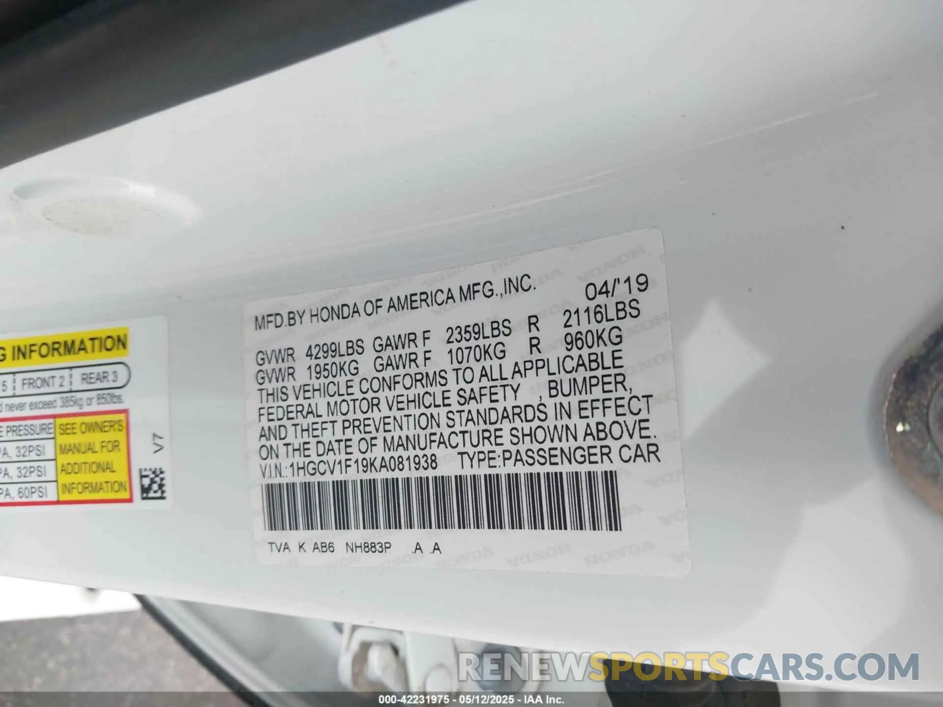 9 fotografías del automóvil dañado 1HGCV1F19KA081938 HONDA ACCORD 2019