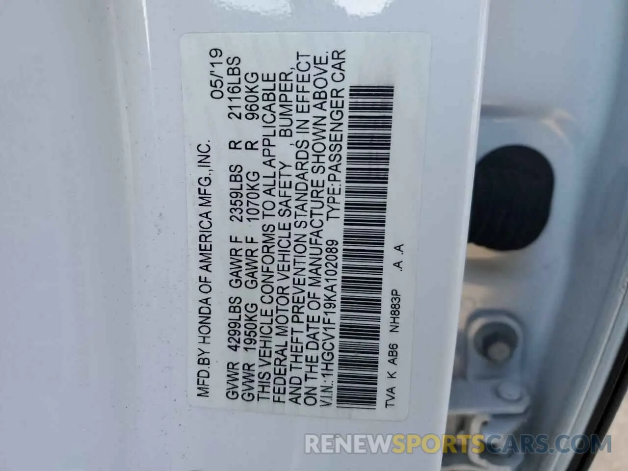 13 fotografías del automóvil dañado 1HGCV1F19KA102089 HONDA ACCORD 2019
