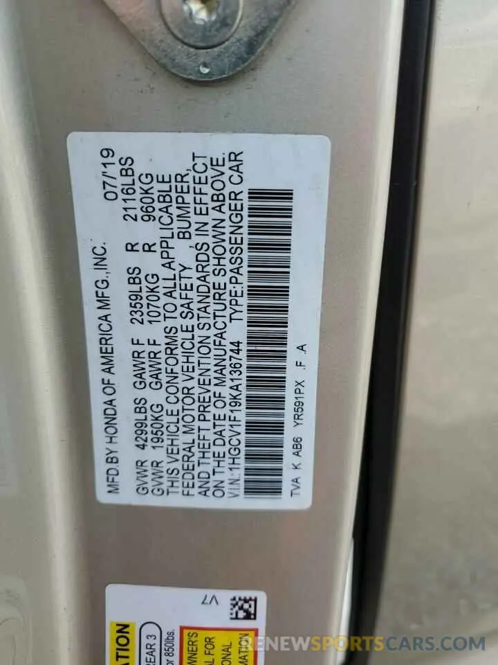 12 fotografías del automóvil dañado 1HGCV1F19KA136744 HONDA ACCORD 2019