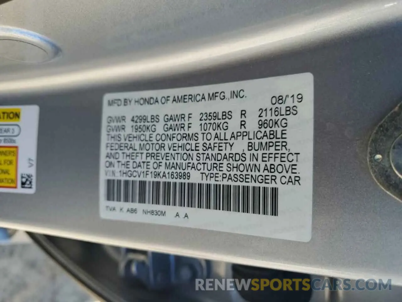 12 fotografías del automóvil dañado 1HGCV1F19KA163989 HONDA ACCORD 2019