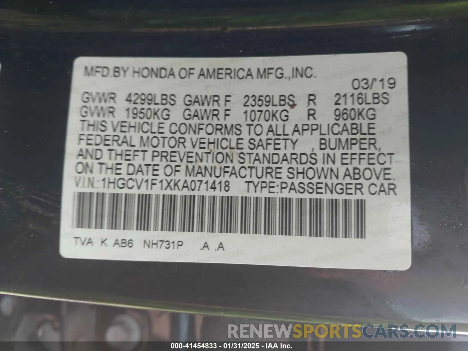9 fotografías del automóvil dañado 1HGCV1F1XKA071418 HONDA ACCORD 2019