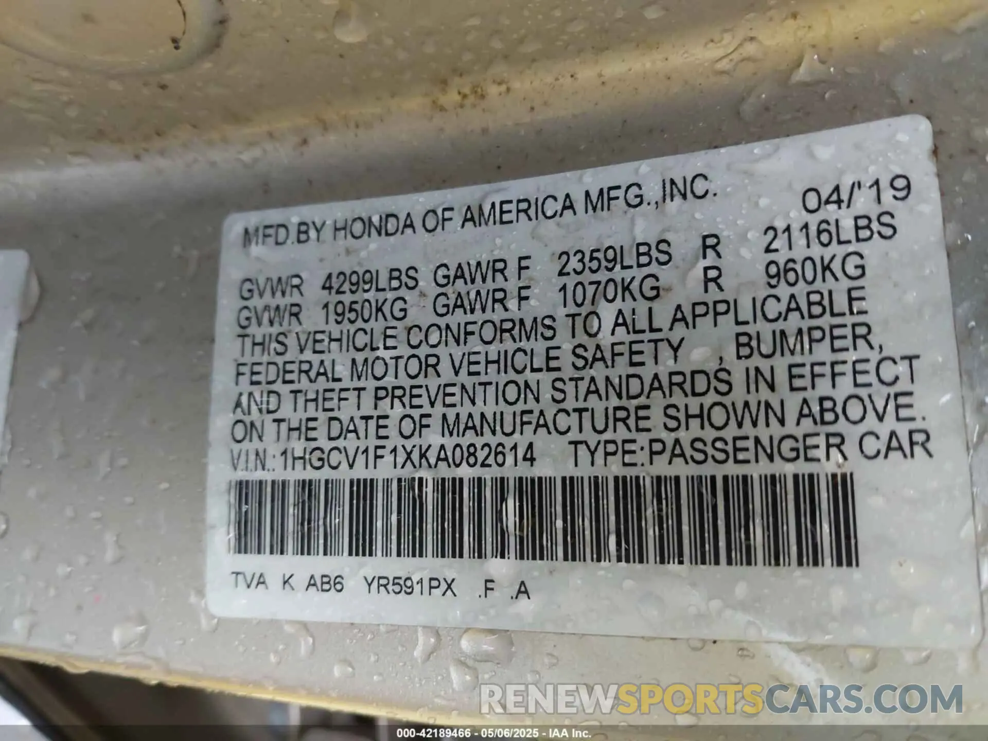 9 fotografías del automóvil dañado 1HGCV1F1XKA082614 HONDA ACCORD 2019