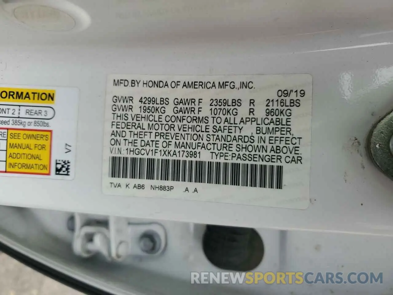 13 fotografías del automóvil dañado 1HGCV1F1XKA173981 HONDA ACCORD 2019