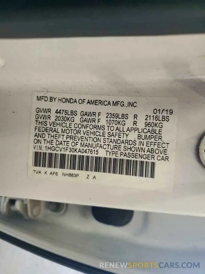13 fotografías del automóvil dañado 1HGCV1F30KA047615 HONDA ACCORD 2019