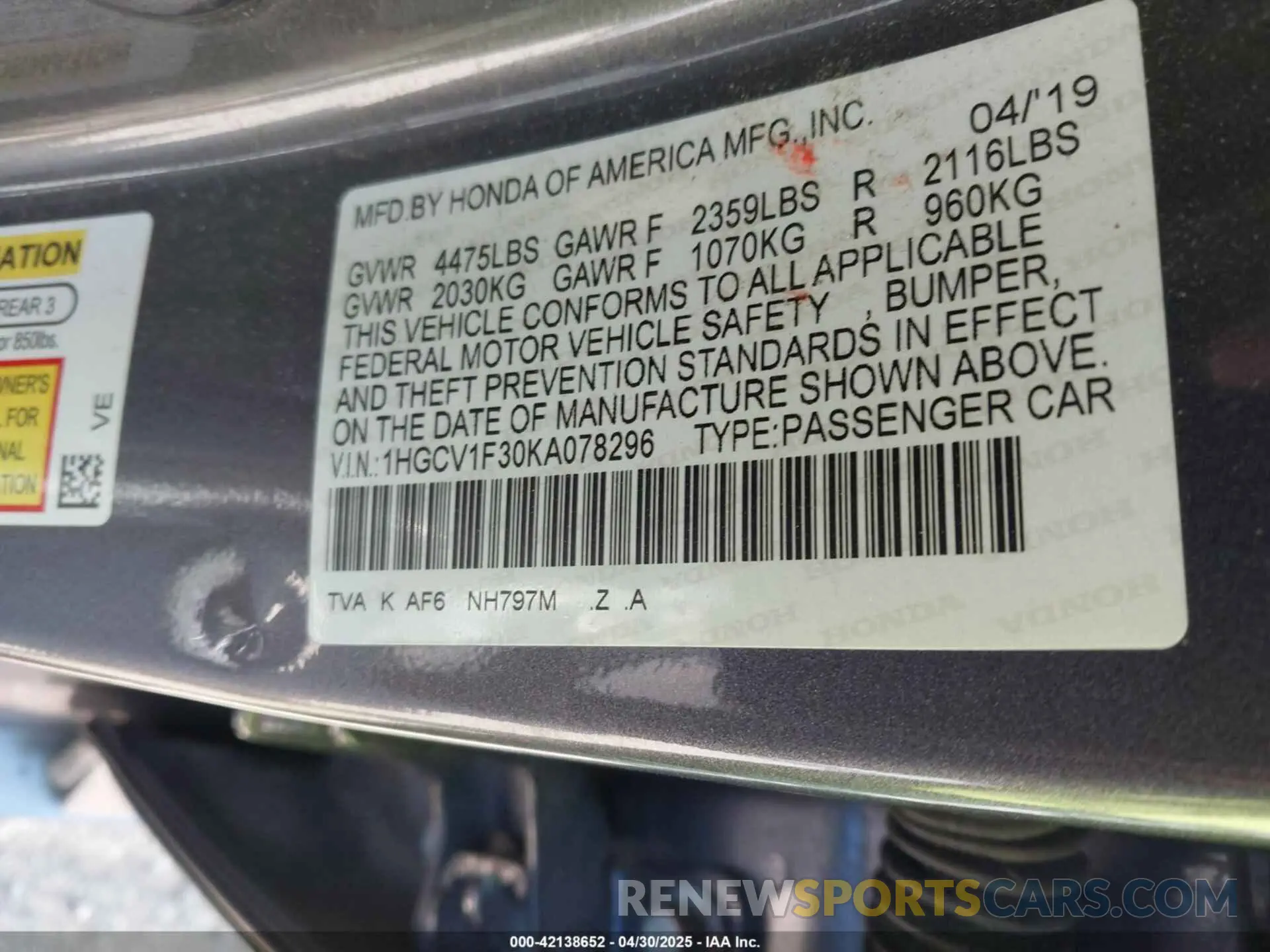 9 fotografías del automóvil dañado 1HGCV1F30KA078296 HONDA ACCORD 2019