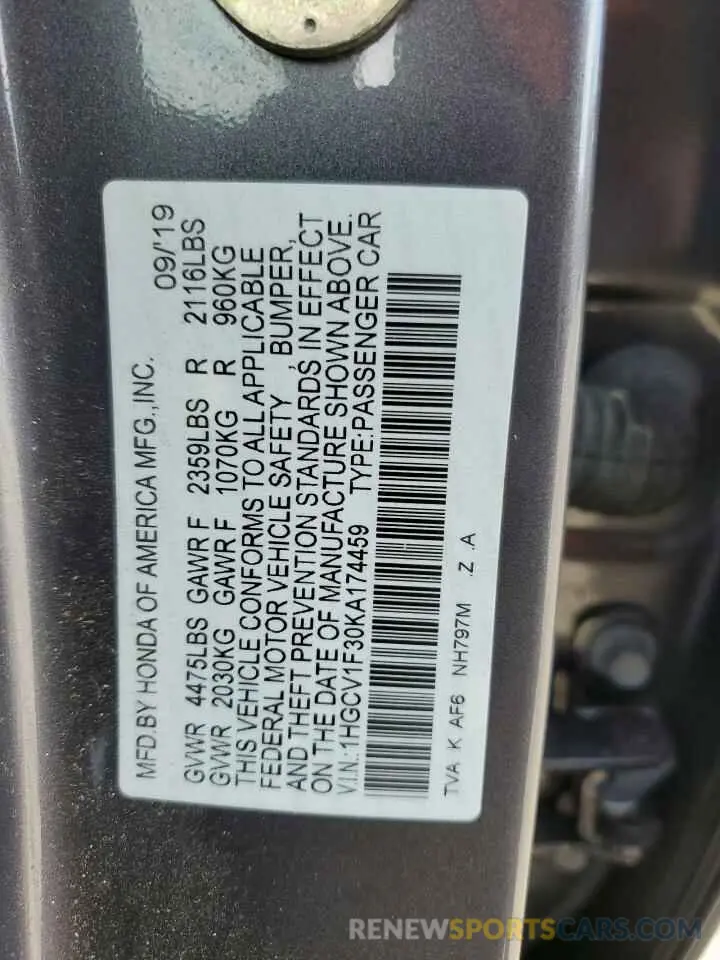 12 fotografías del automóvil dañado 1HGCV1F30KA174459 HONDA ACCORD 2019