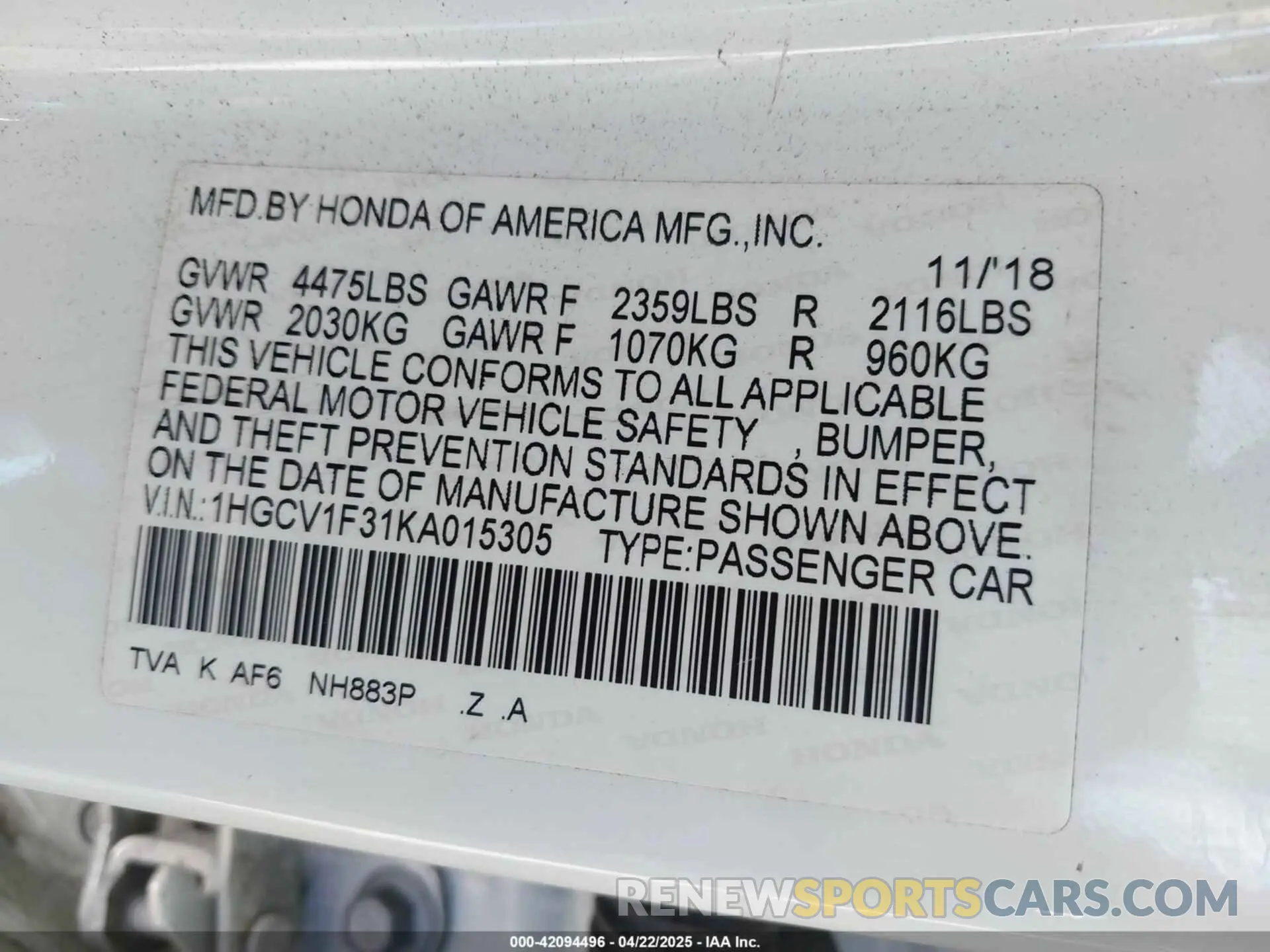9 fotografías del automóvil dañado 1HGCV1F31KA015305 HONDA ACCORD 2019