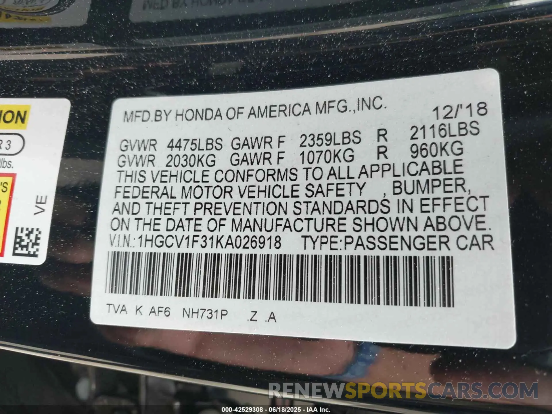 9 fotografías del automóvil dañado 1HGCV1F31KA026918 HONDA ACCORD 2019