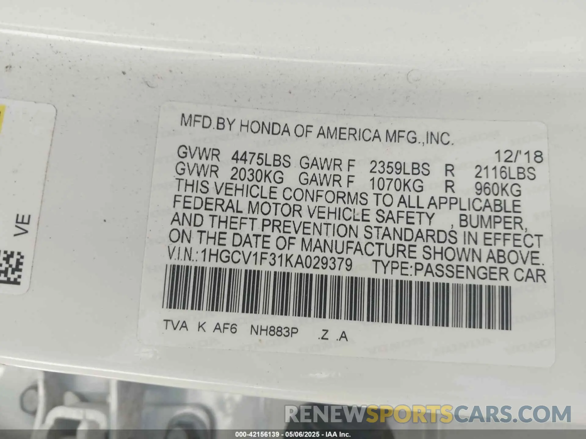 9 fotografías del automóvil dañado 1HGCV1F31KA029379 HONDA ACCORD 2019