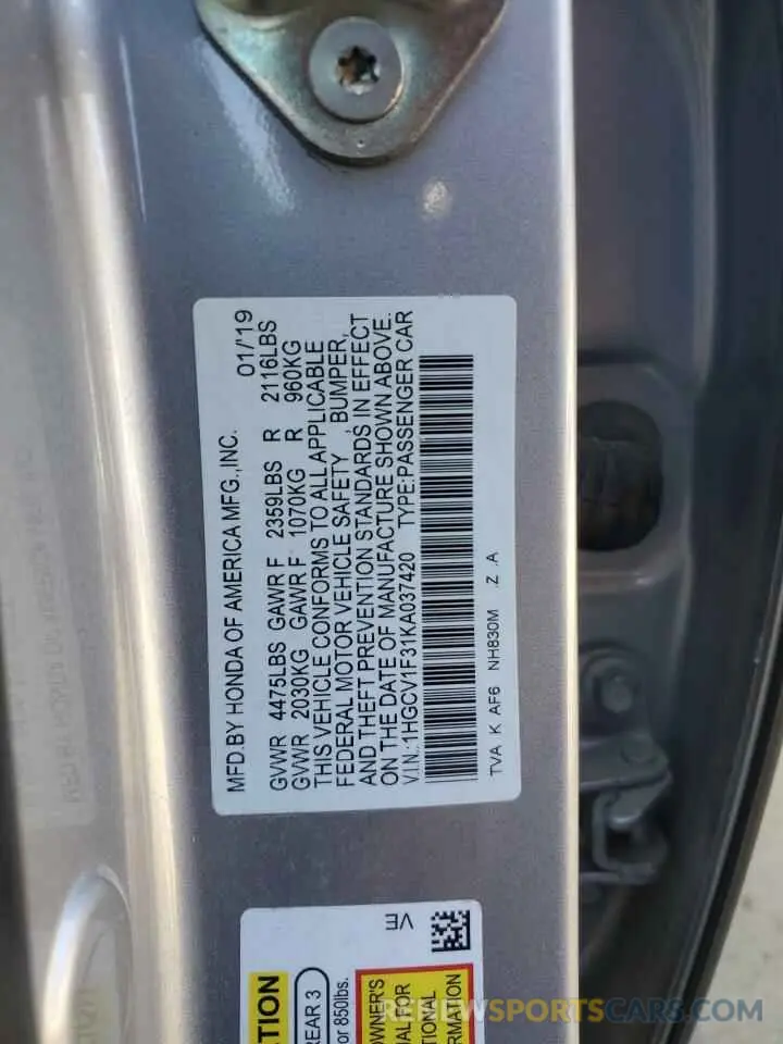 12 fotografías del automóvil dañado 1HGCV1F31KA037420 HONDA ACCORD 2019