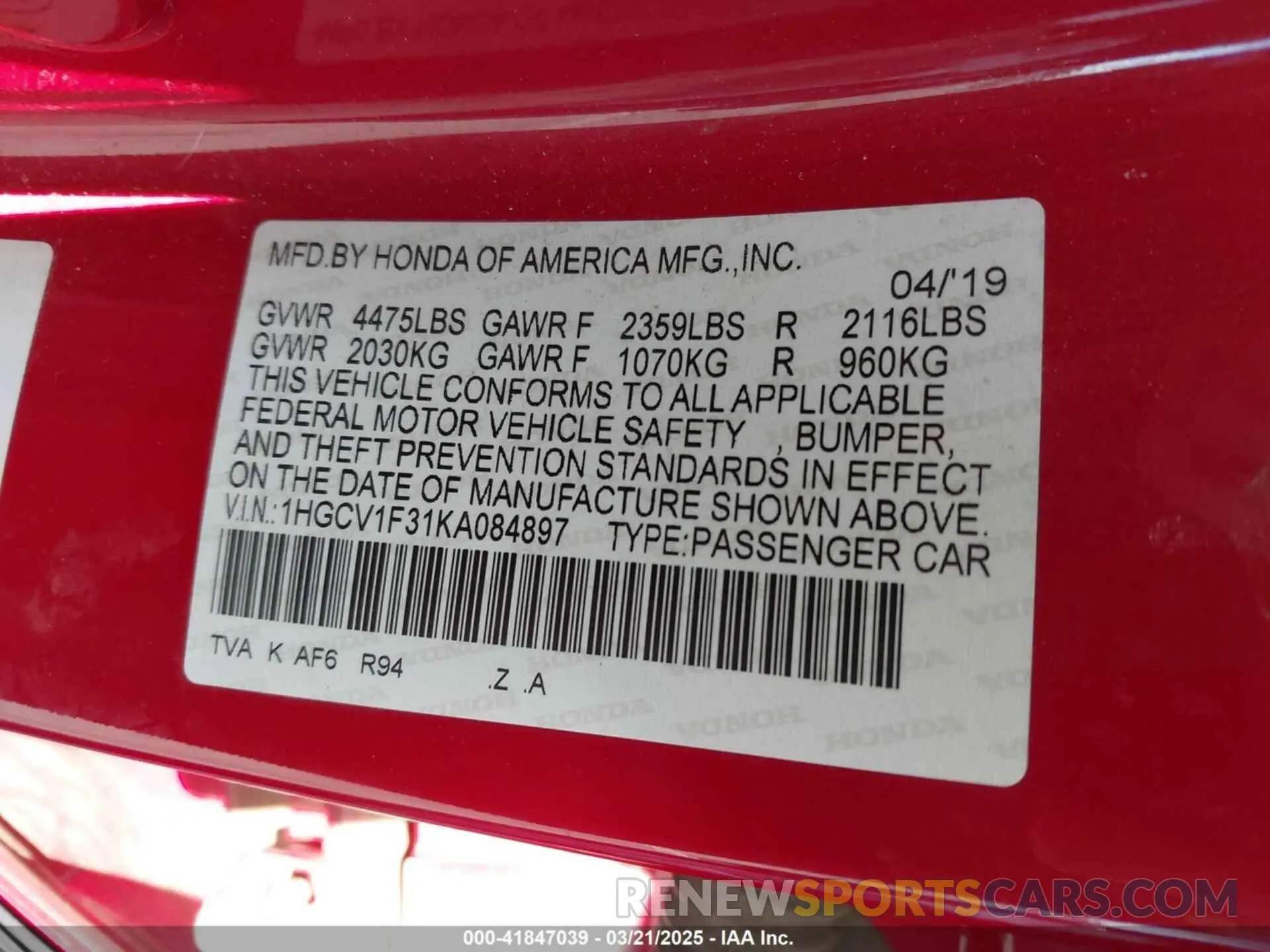 9 fotografías del automóvil dañado 1HGCV1F31KA084897 HONDA ACCORD 2019