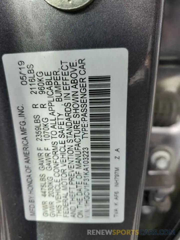 13 fotografías del automóvil dañado 1HGCV1F31KA103223 HONDA ACCORD 2019