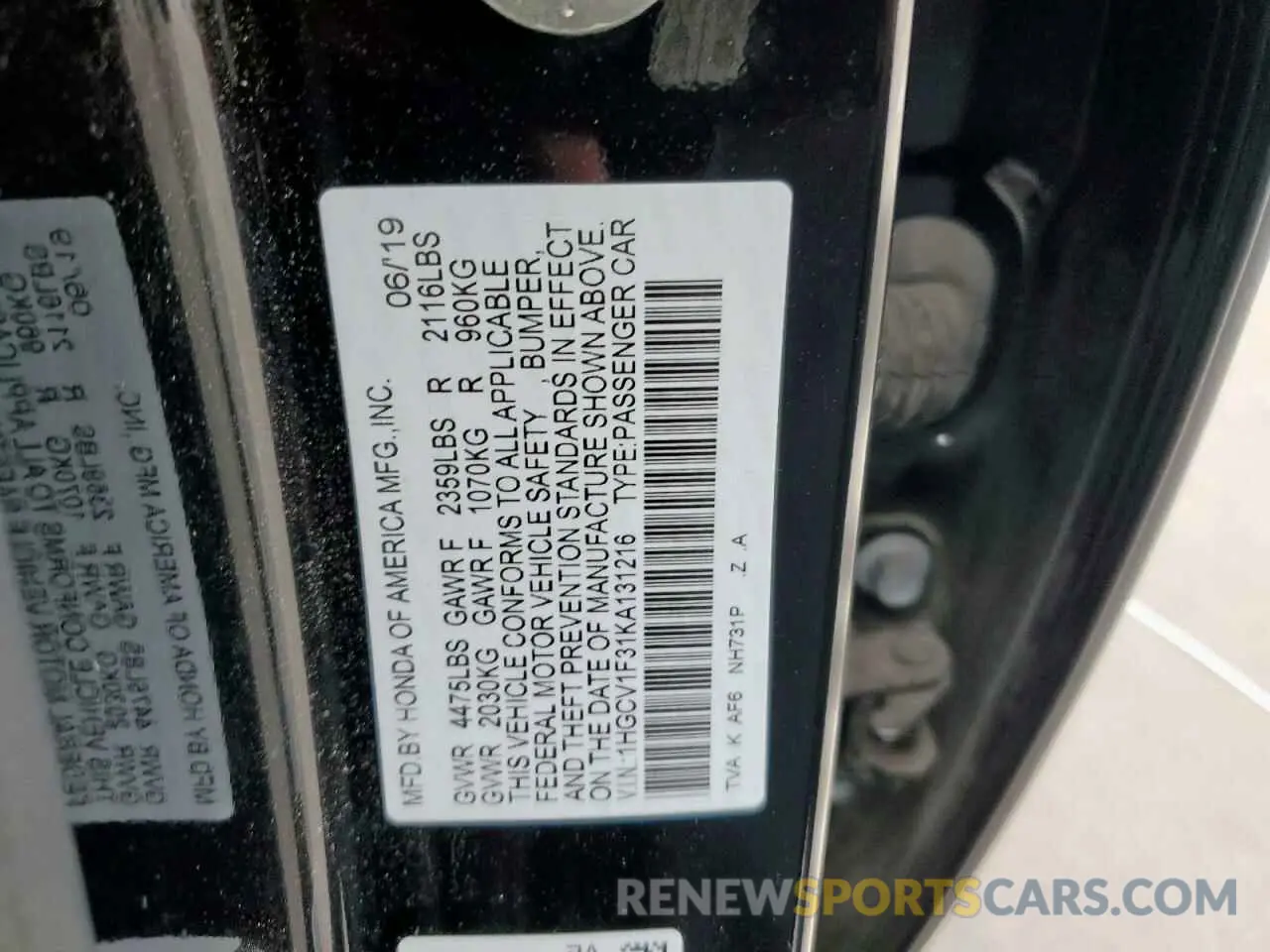 12 fotografías del automóvil dañado 1HGCV1F31KA131216 HONDA ACCORD 2019