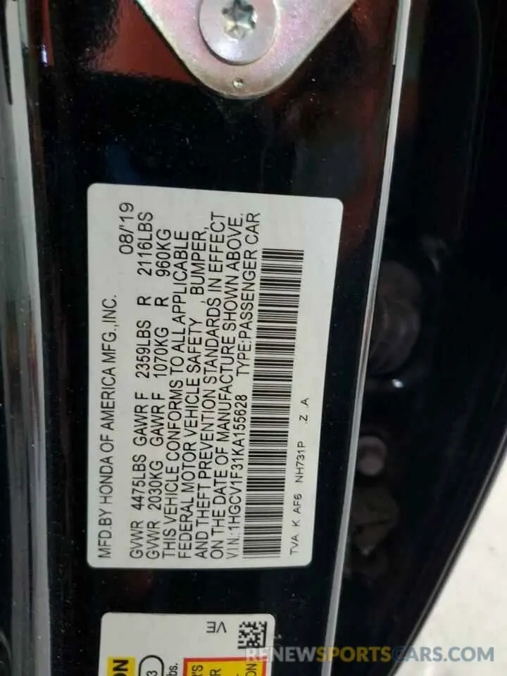 12 fotografías del automóvil dañado 1HGCV1F31KA155628 HONDA ACCORD 2019