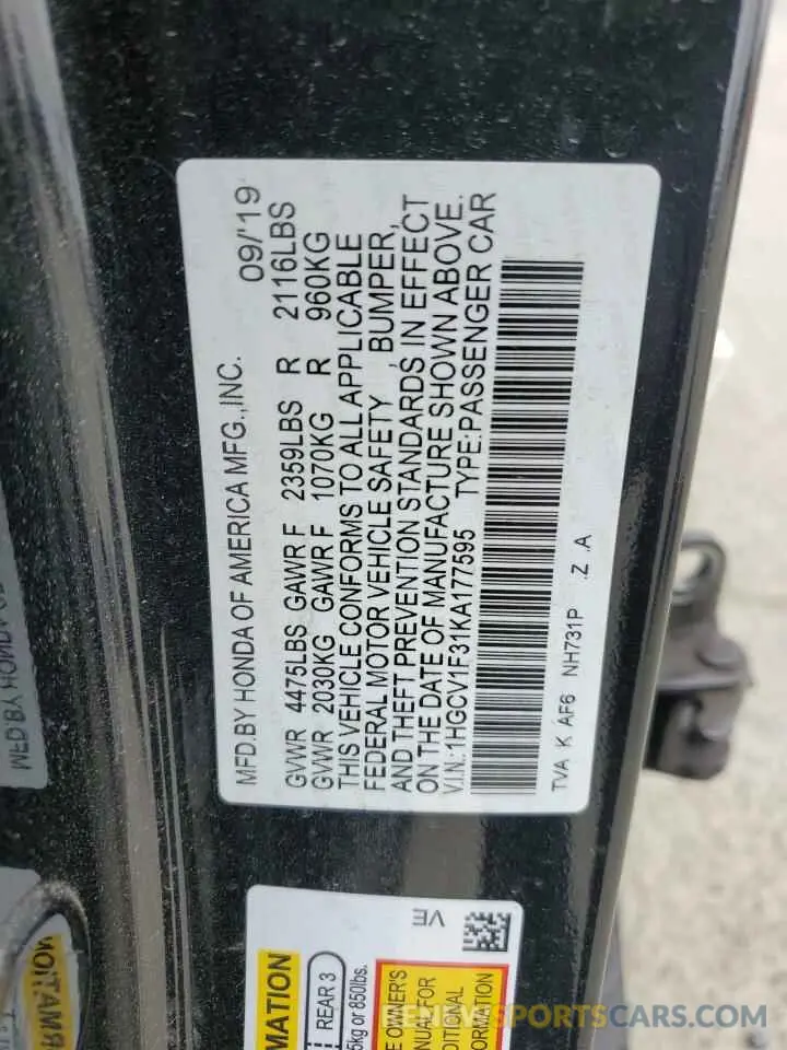 13 fotografías del automóvil dañado 1HGCV1F31KA177595 HONDA ACCORD 2019