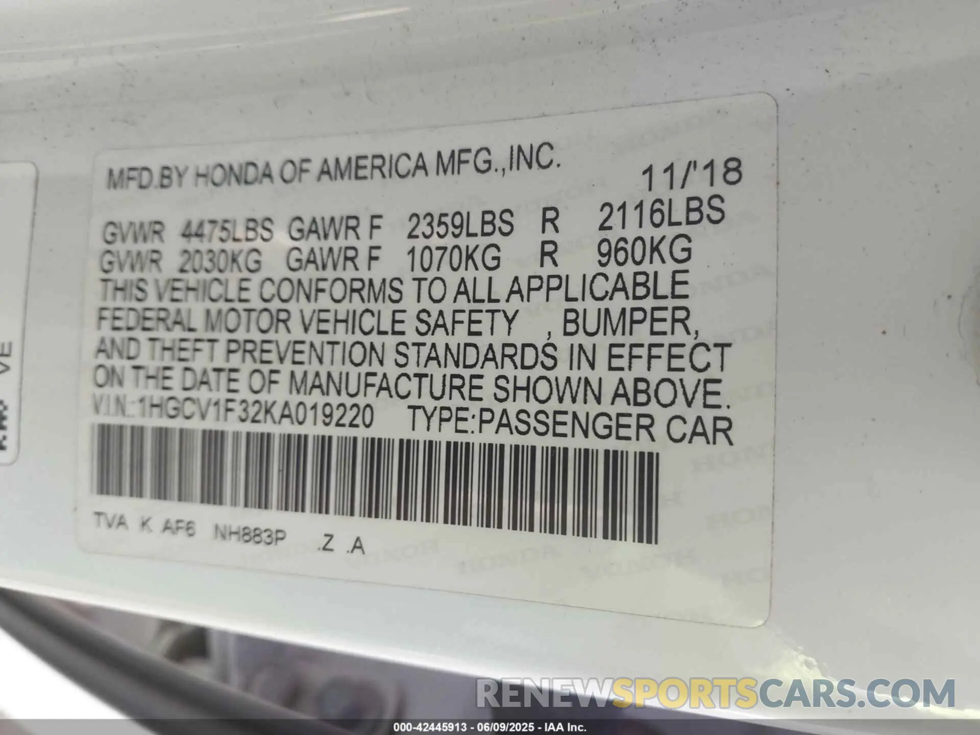 9 fotografías del automóvil dañado 1HGCV1F32KA019220 HONDA ACCORD 2019