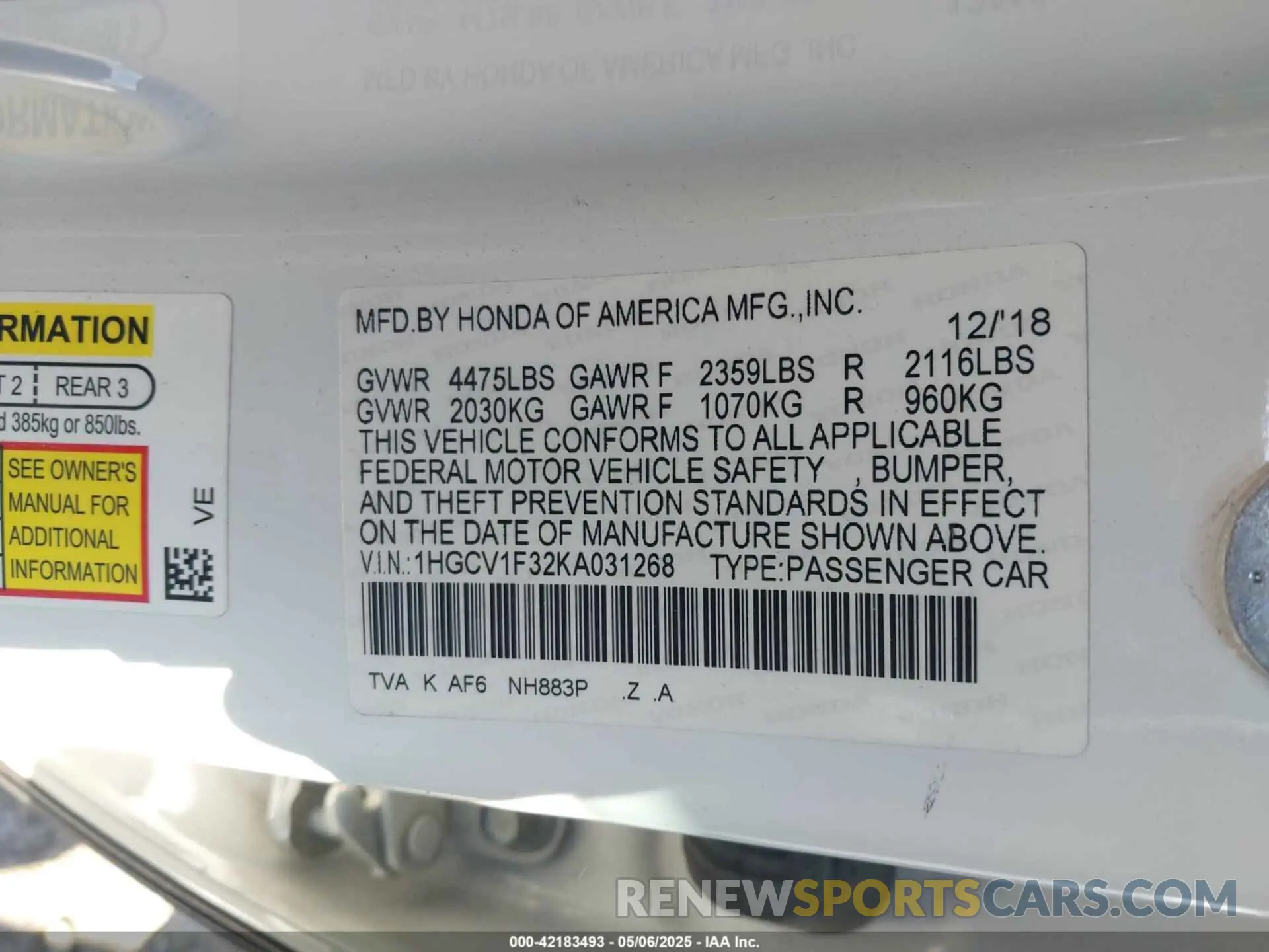 9 fotografías del automóvil dañado 1HGCV1F32KA031268 HONDA ACCORD 2019