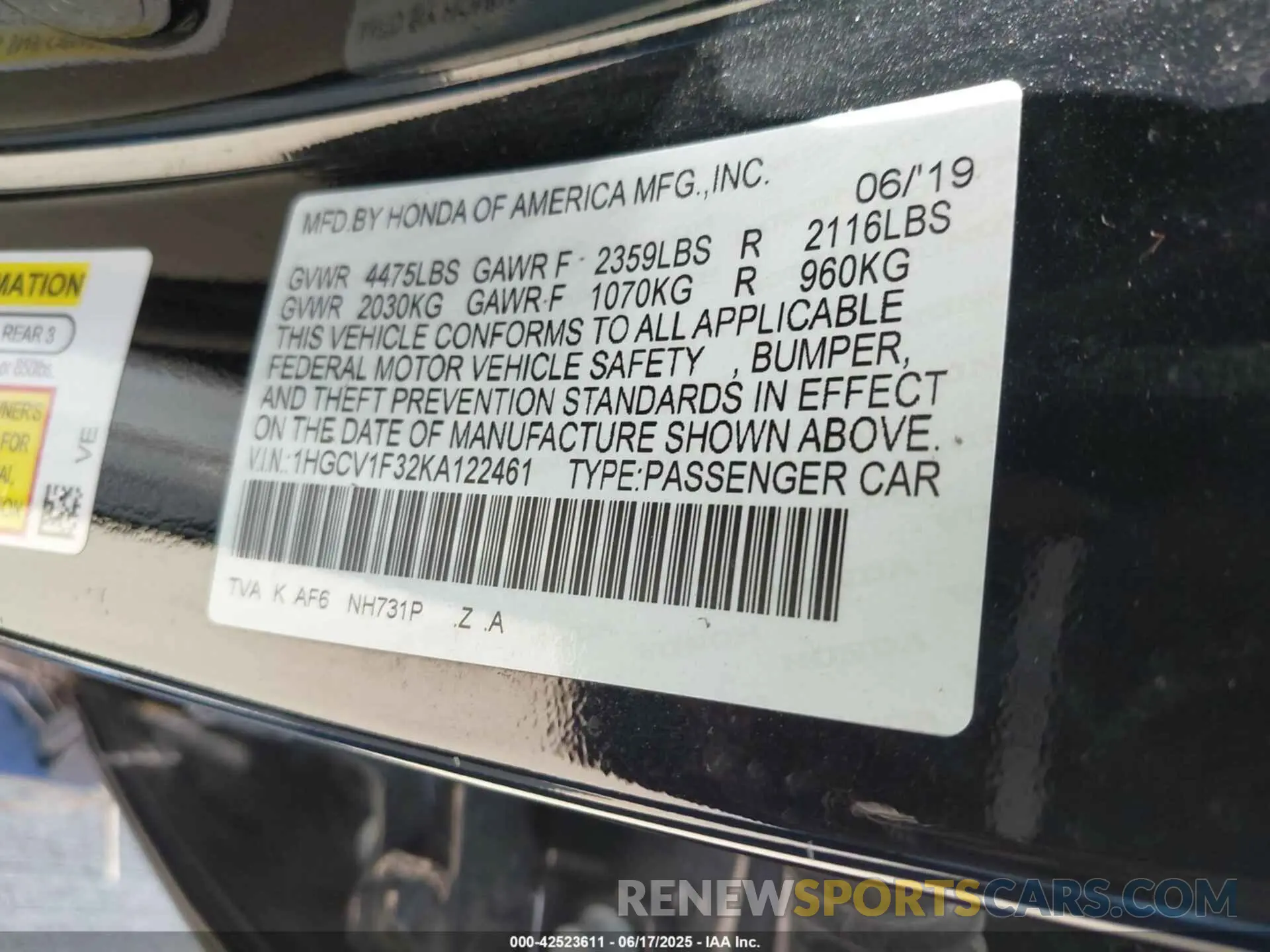 9 fotografías del automóvil dañado 1HGCV1F32KA122461 HONDA ACCORD 2019