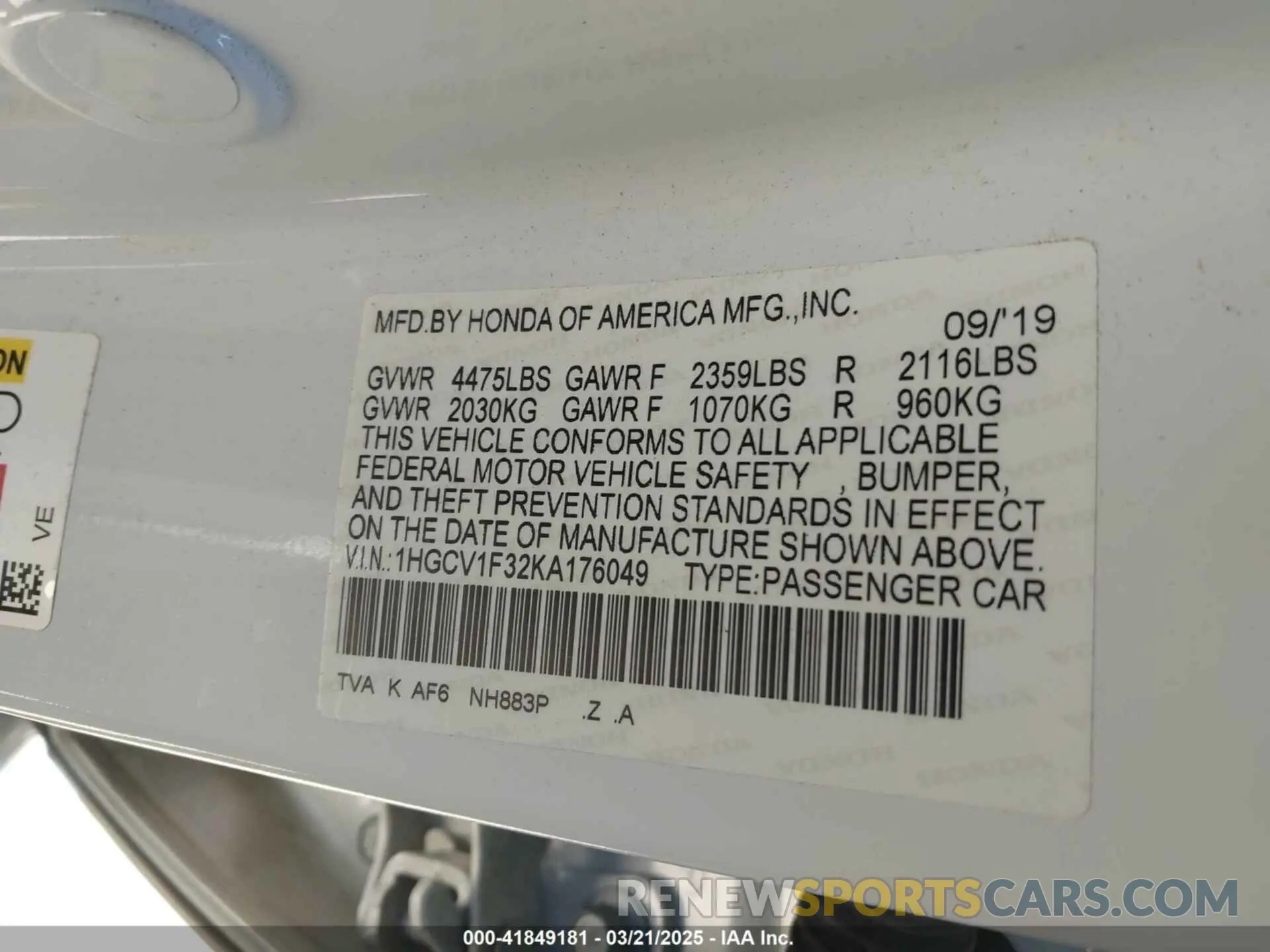 9 fotografías del automóvil dañado 1HGCV1F32KA176049 HONDA ACCORD 2019