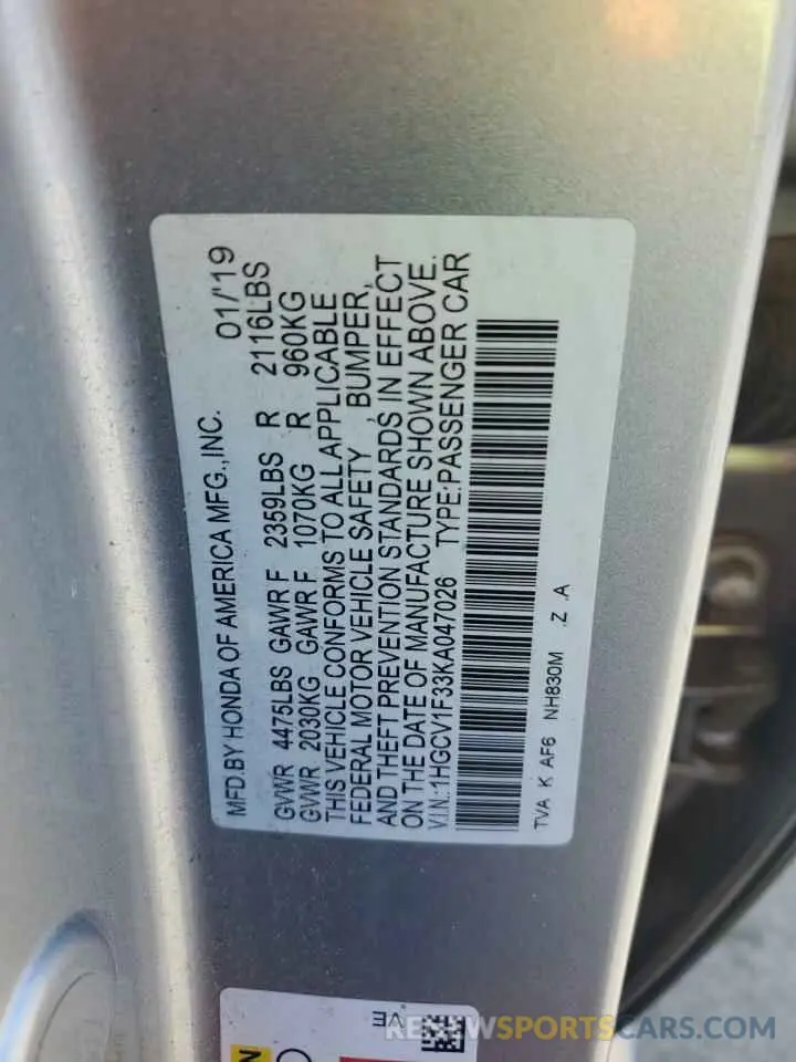 13 fotografías del automóvil dañado 1HGCV1F33KA047026 HONDA ACCORD 2019