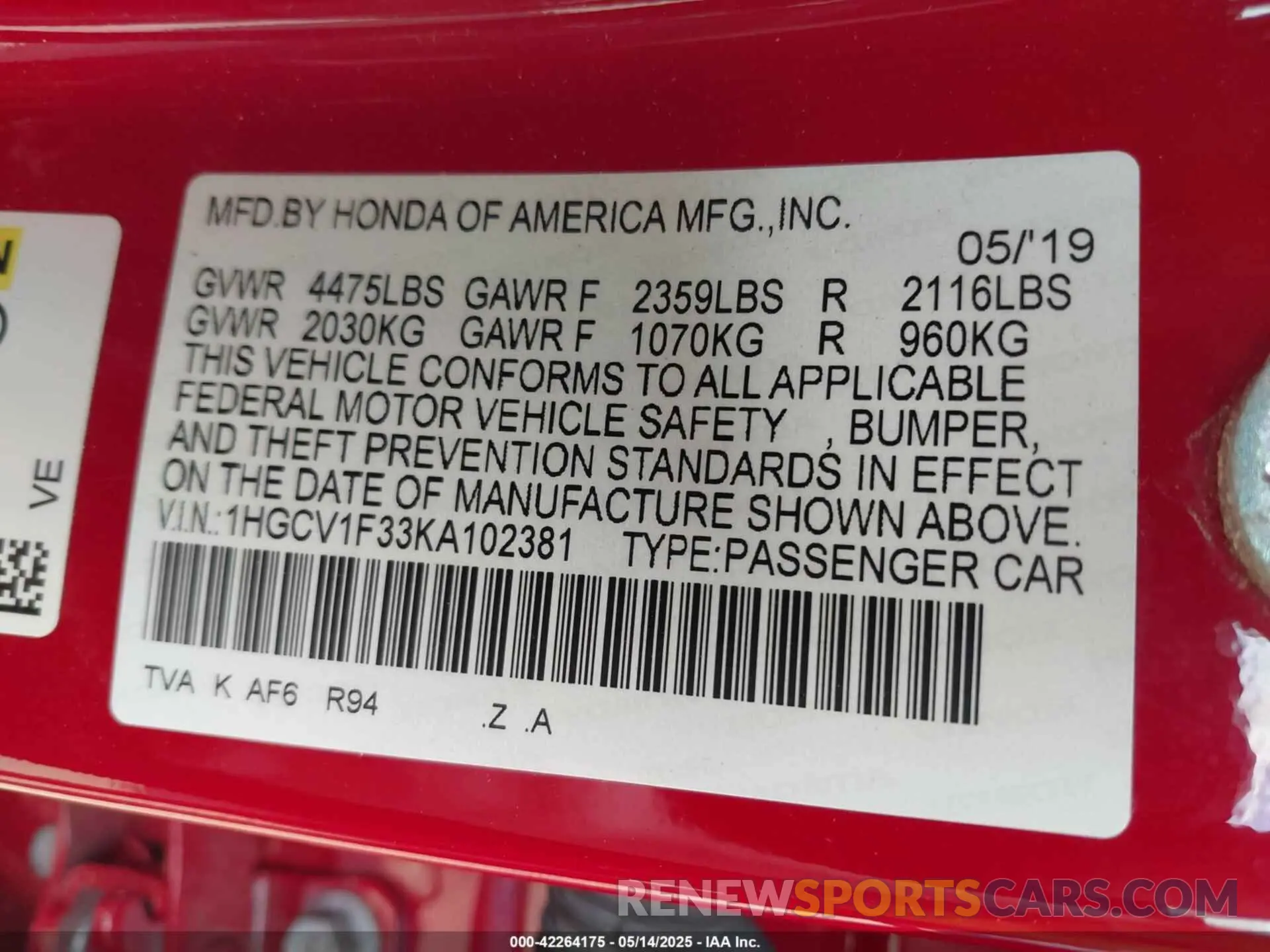 9 fotografías del automóvil dañado 1HGCV1F33KA102381 HONDA ACCORD 2019