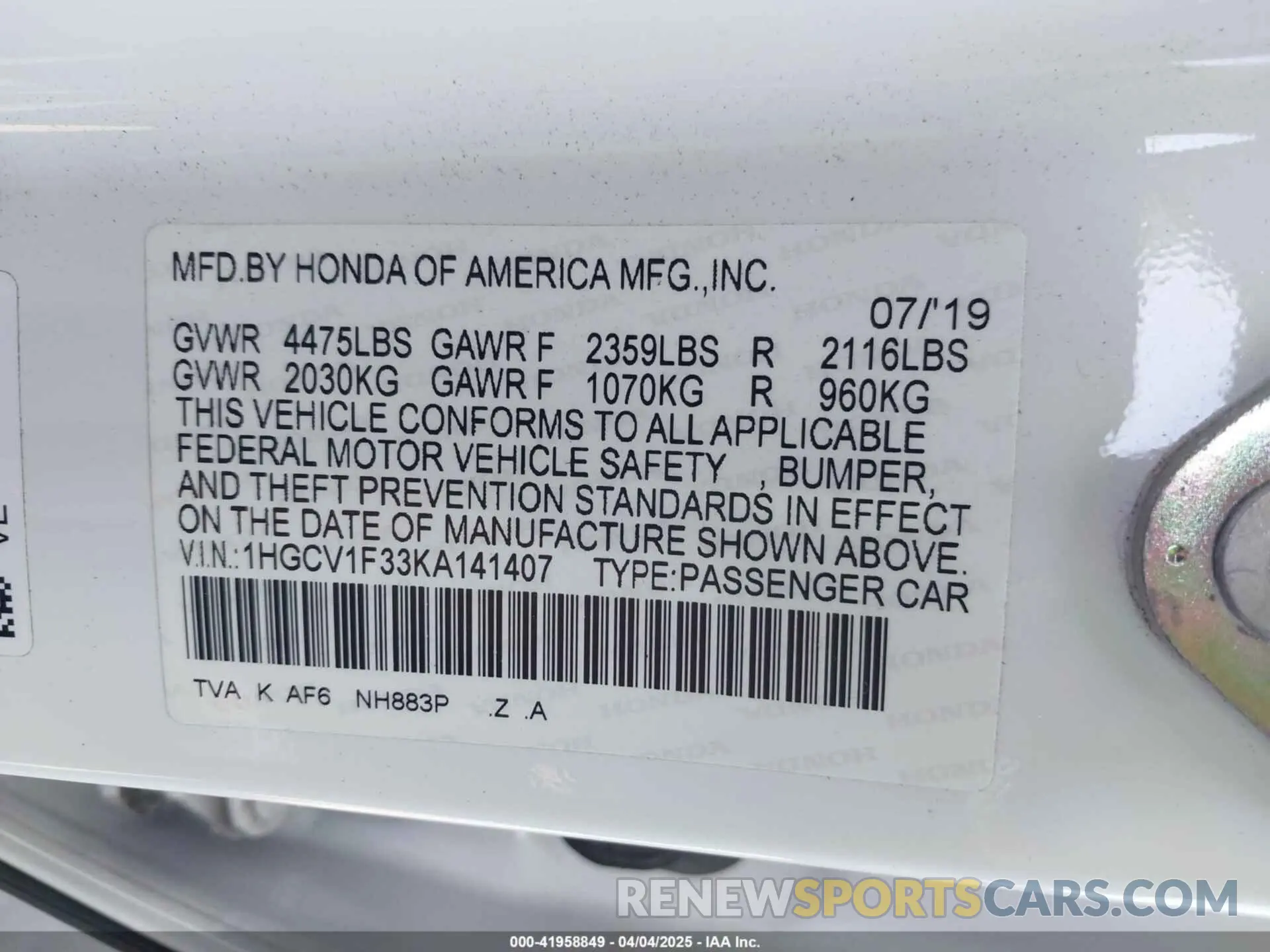 9 fotografías del automóvil dañado 1HGCV1F33KA141407 HONDA ACCORD 2019