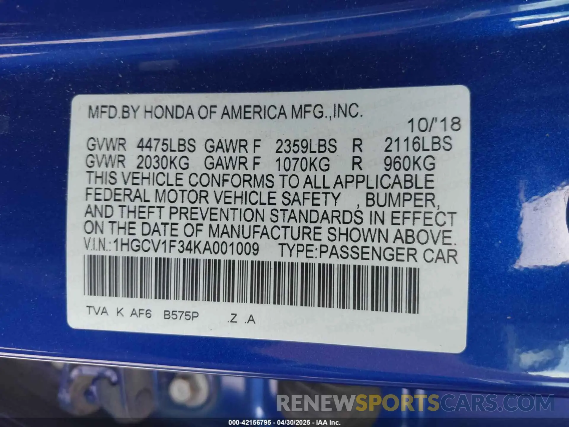 9 fotografías del automóvil dañado 1HGCV1F34KA001009 HONDA ACCORD 2019