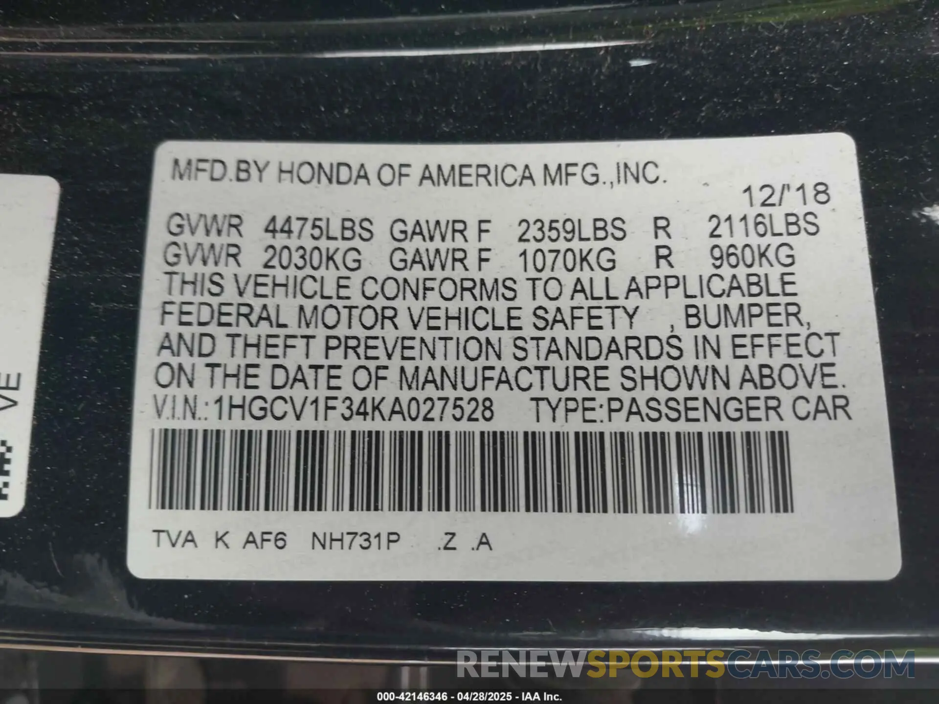 9 fotografías del automóvil dañado 1HGCV1F34KA027528 HONDA ACCORD 2019