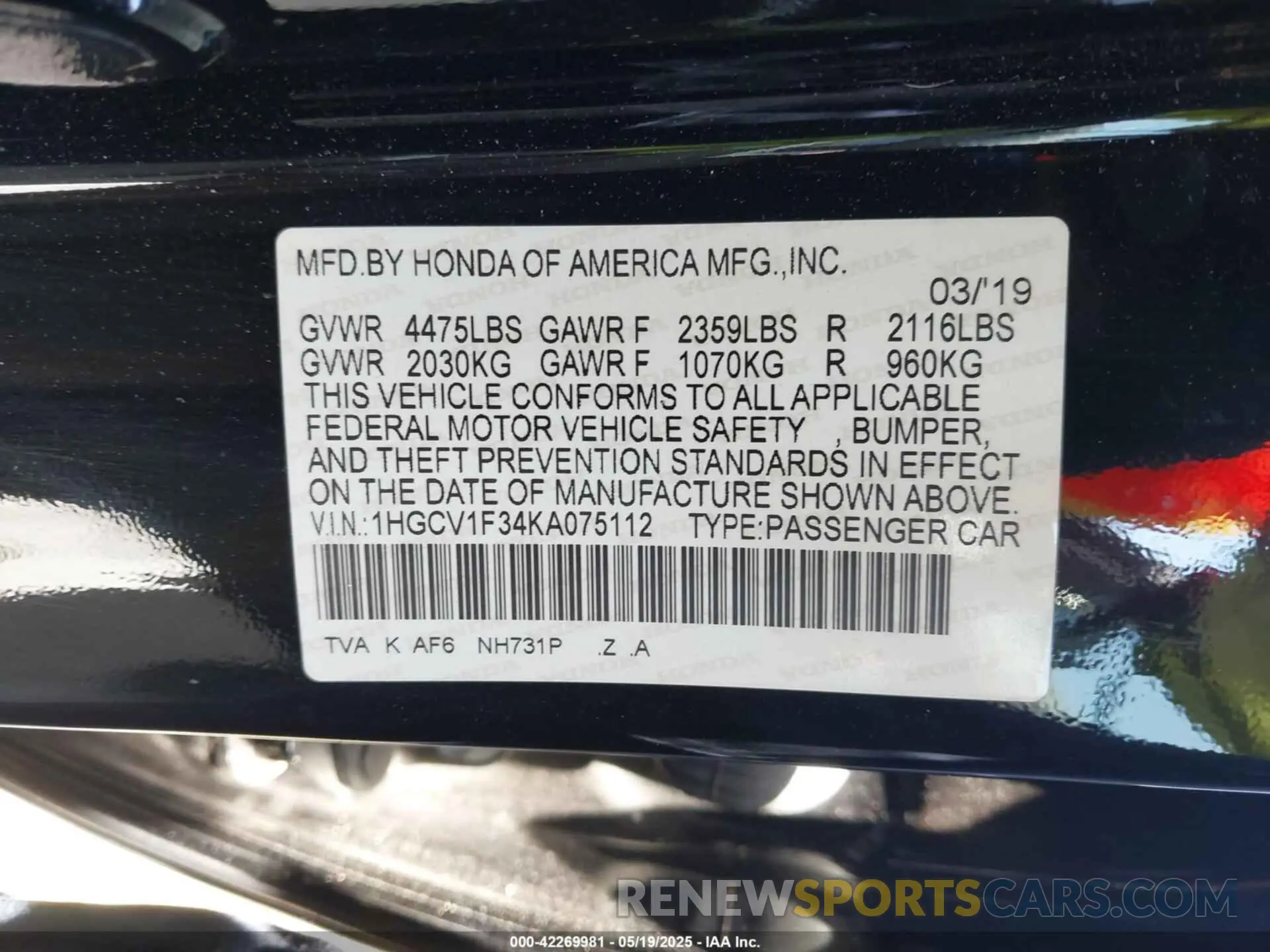 9 fotografías del automóvil dañado 1HGCV1F34KA075112 HONDA ACCORD 2019