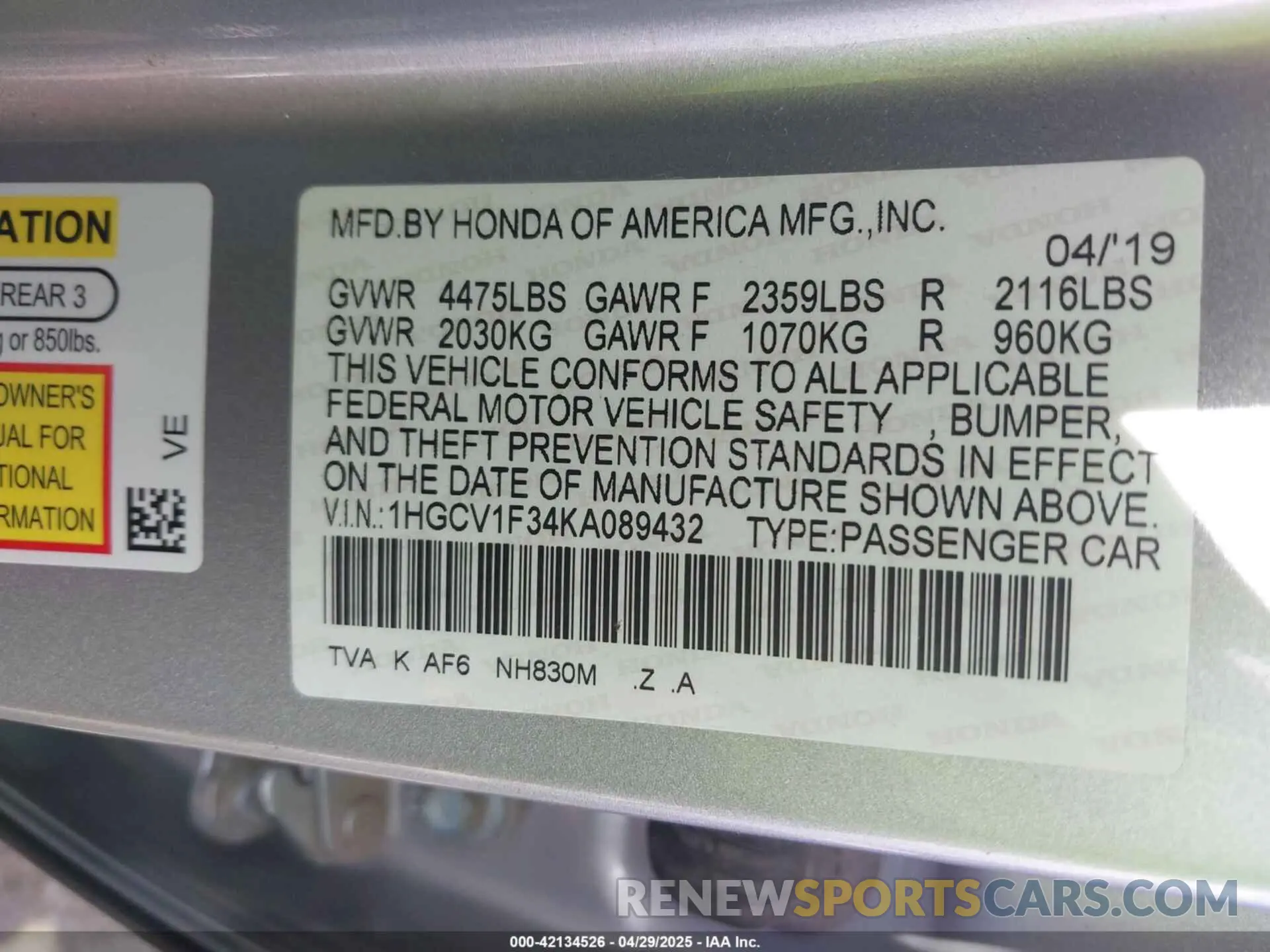 9 fotografías del automóvil dañado 1HGCV1F34KA089432 HONDA ACCORD 2019