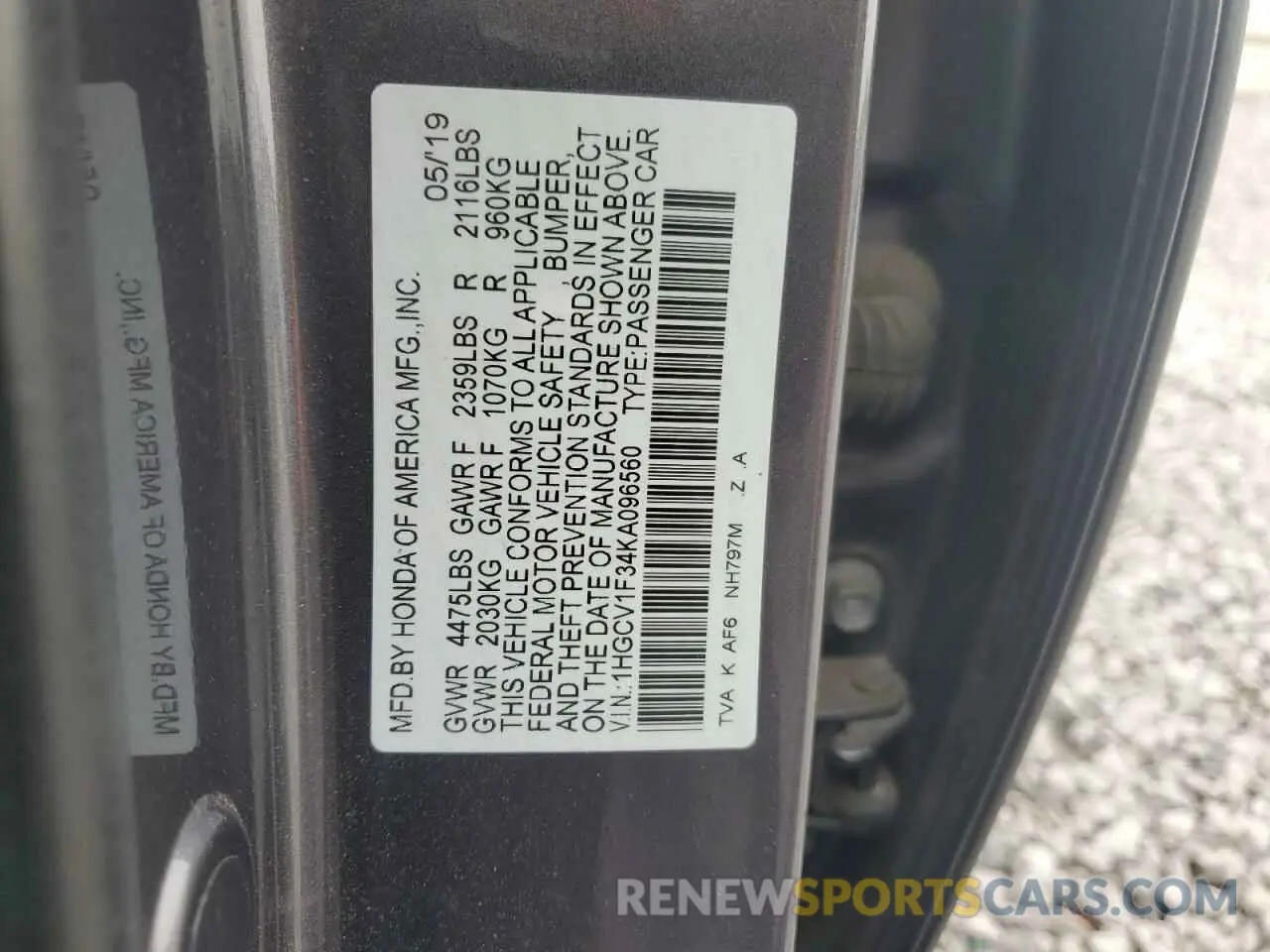 12 fotografías del automóvil dañado 1HGCV1F34KA096560 HONDA ACCORD 2019