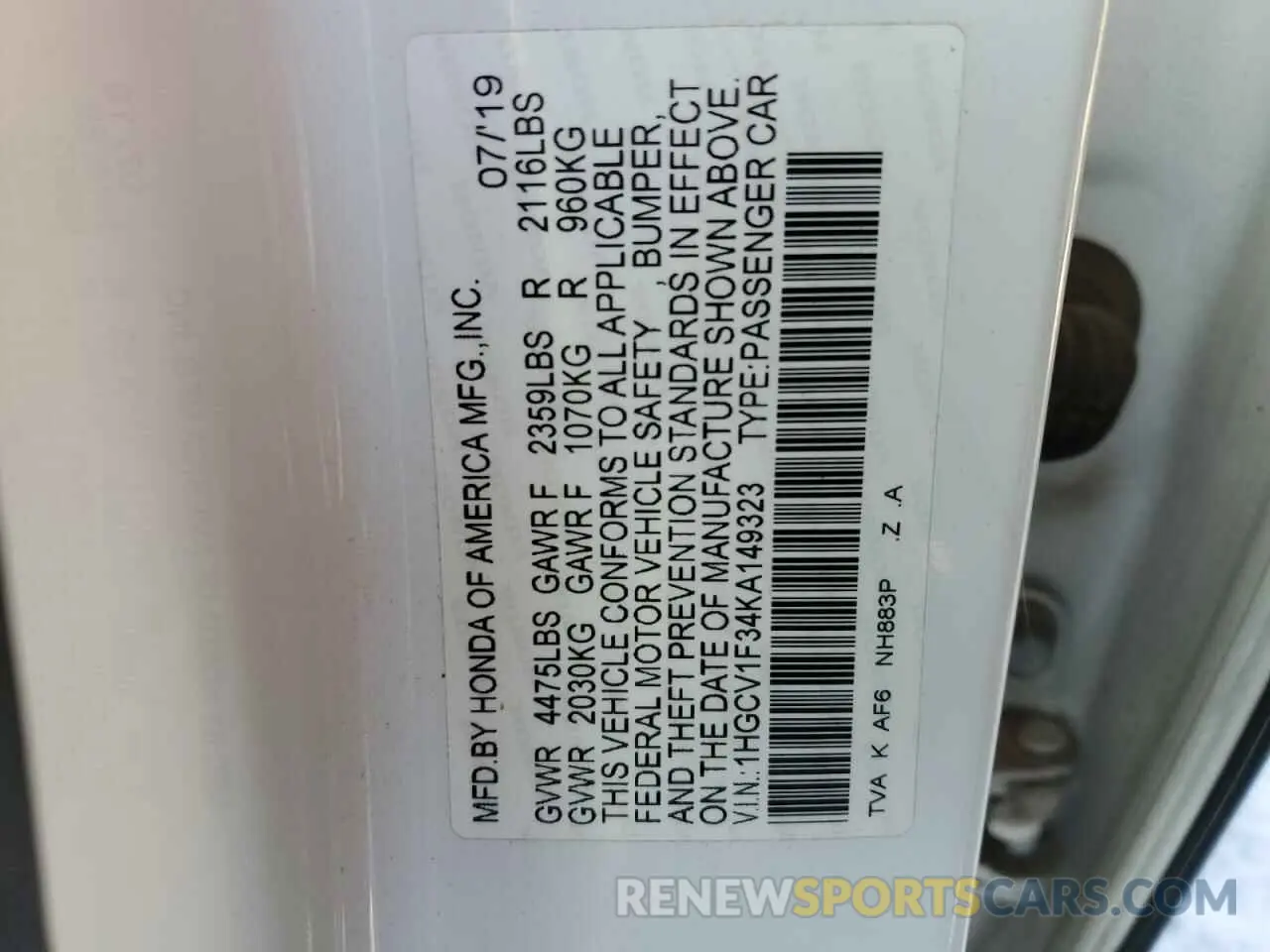 13 fotografías del automóvil dañado 1HGCV1F34KA149323 HONDA ACCORD 2019