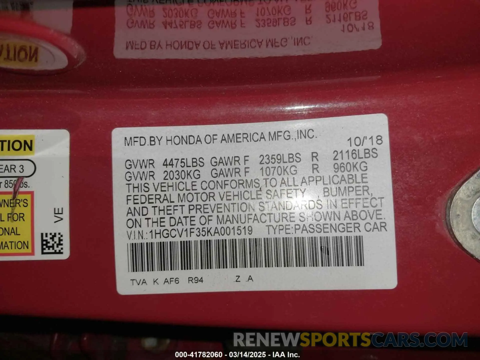 9 fotografías del automóvil dañado 1HGCV1F35KA001519 HONDA ACCORD 2019