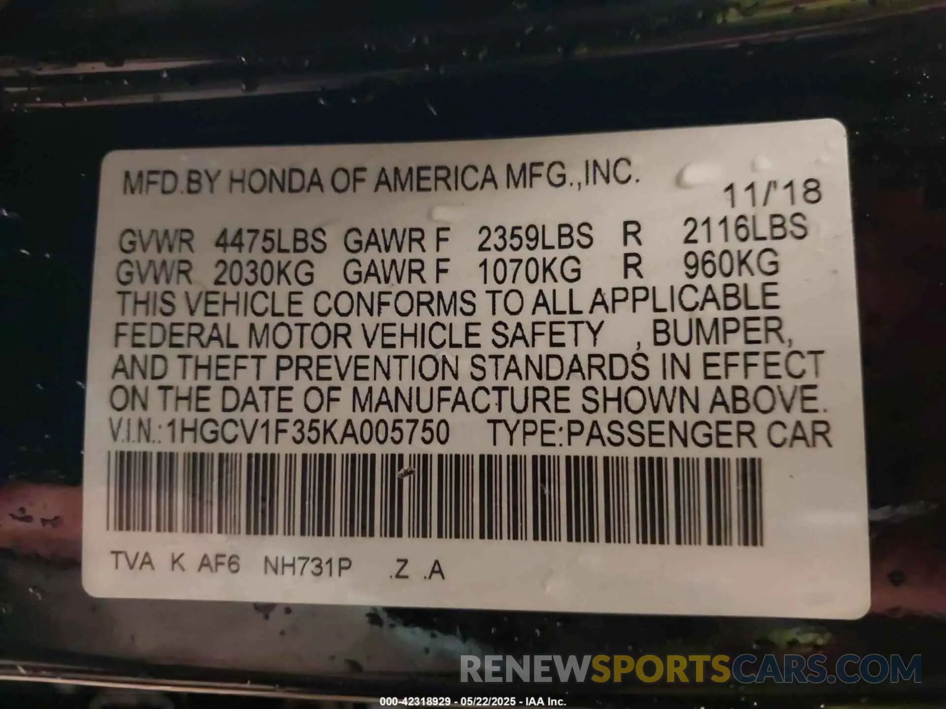 9 fotografías del automóvil dañado 1HGCV1F35KA005750 HONDA ACCORD 2019