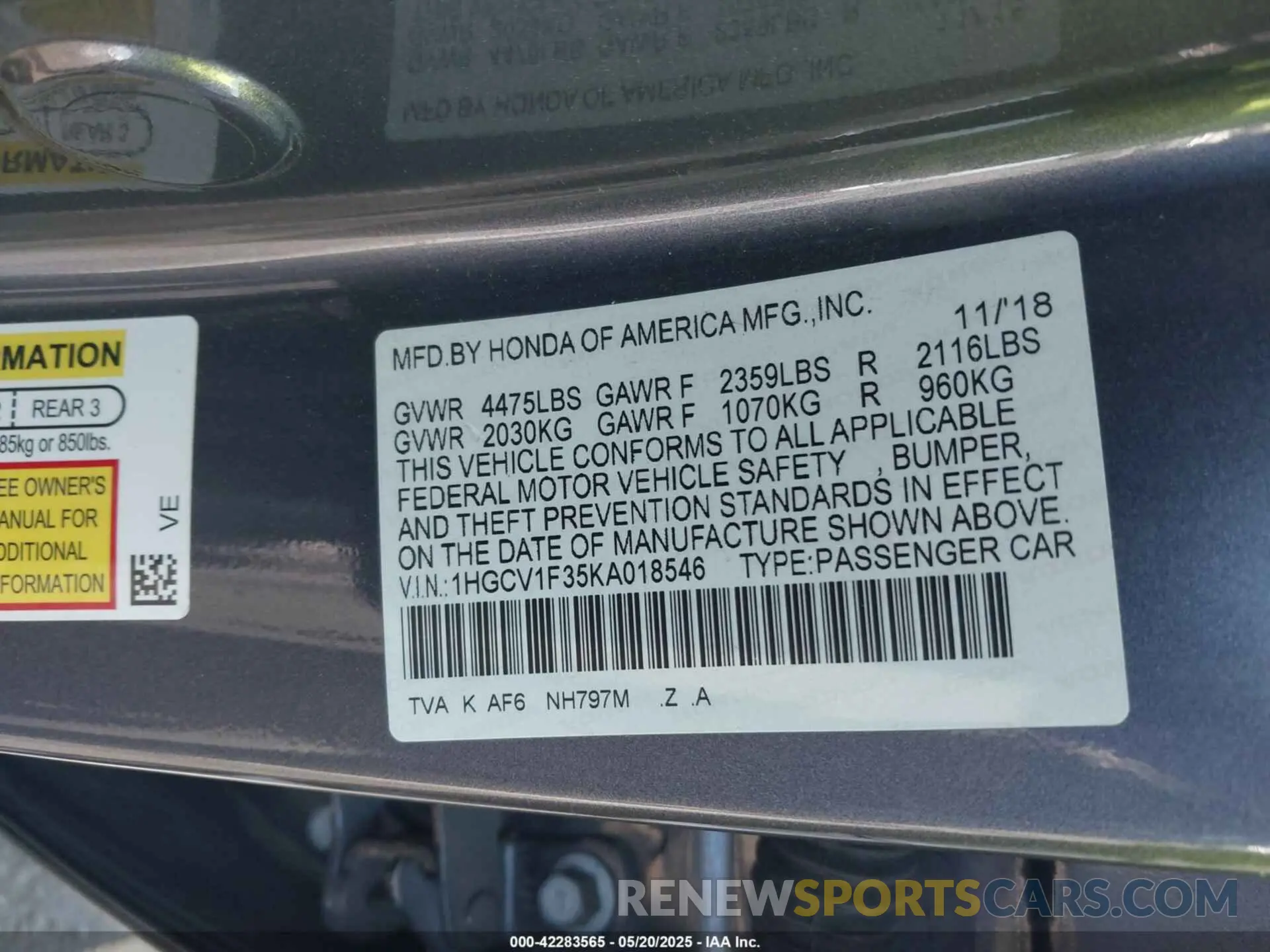 9 fotografías del automóvil dañado 1HGCV1F35KA018546 HONDA ACCORD 2019