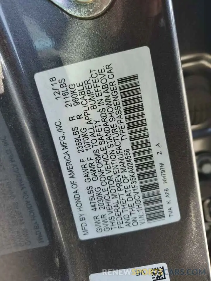 12 fotografías del automóvil dañado 1HGCV1F35KA024556 HONDA ACCORD 2019