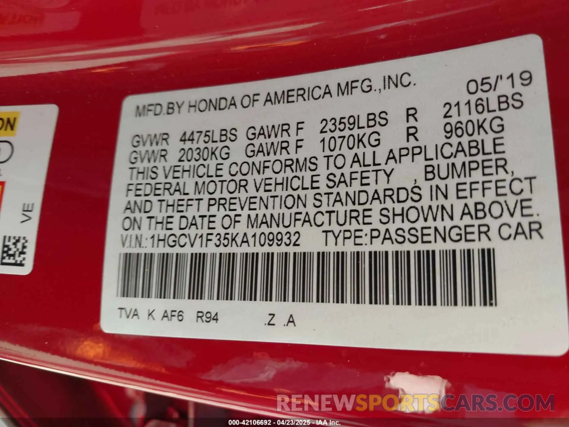 9 fotografías del automóvil dañado 1HGCV1F35KA109932 HONDA ACCORD 2019